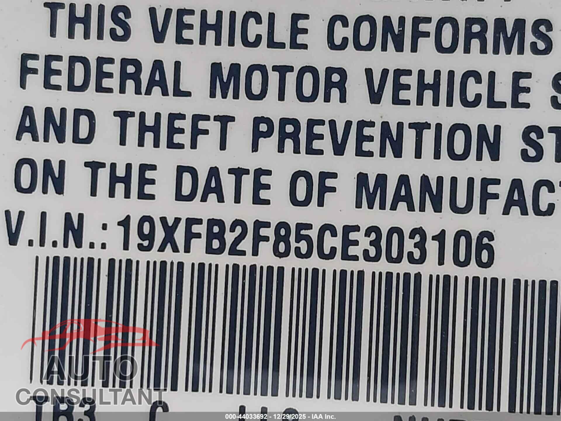 HONDA CIVIC 2012 - 19XFB2F85CE303106