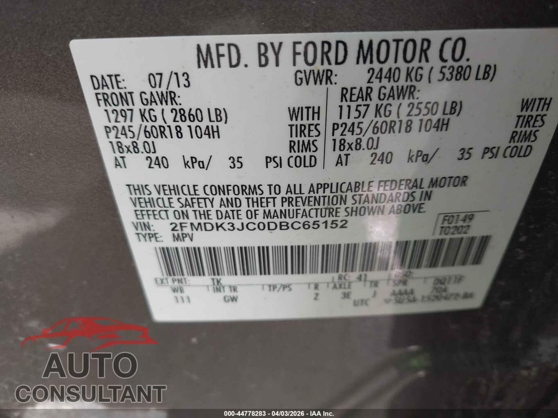 FORD EDGE 2013 - 2FMDK3JC0DBC65152