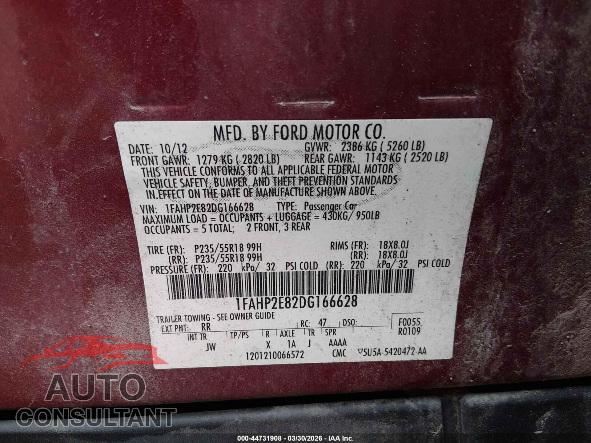FORD TAURUS 2013 - 1FAHP2E82DG166628