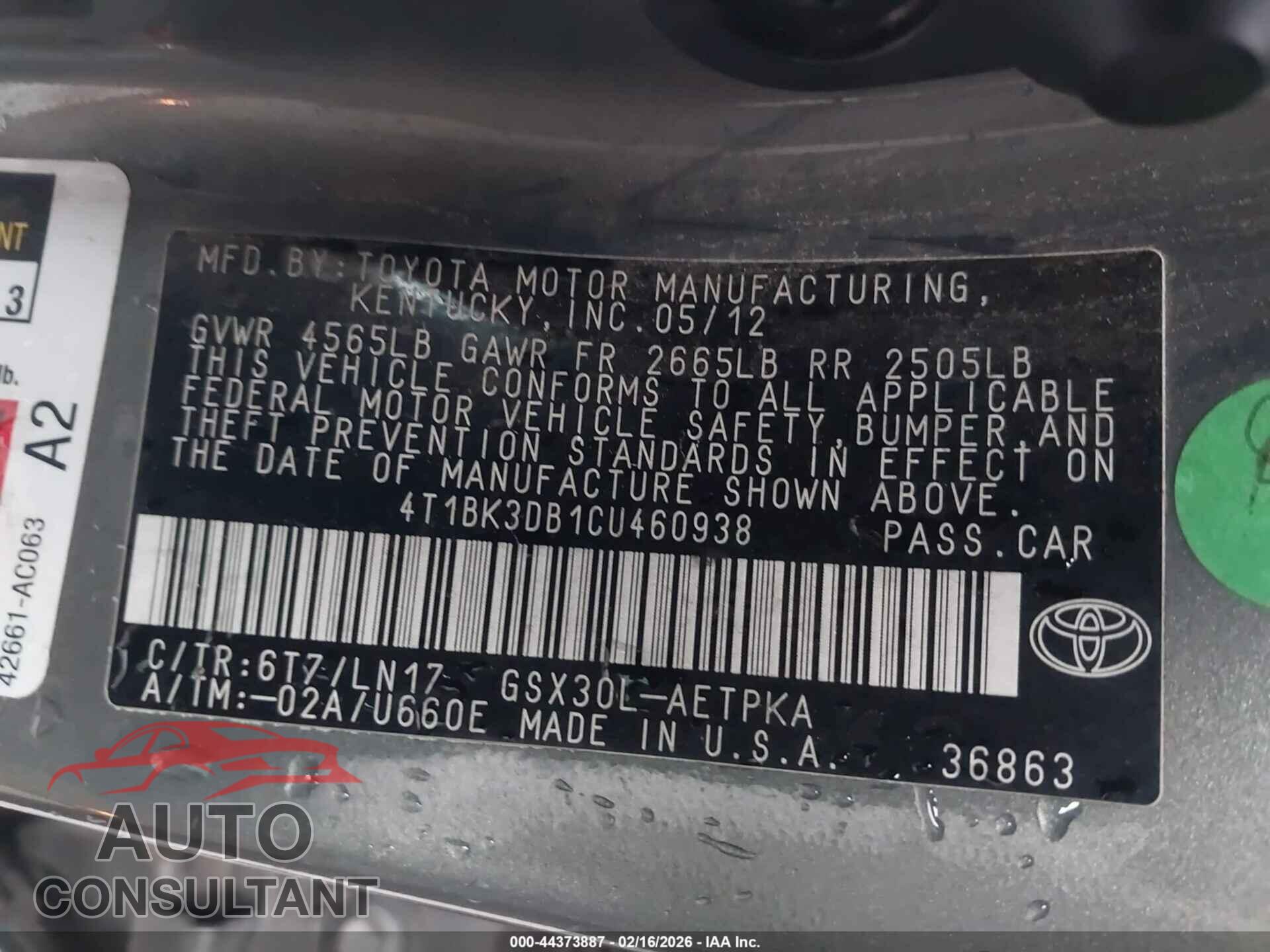 TOYOTA AVALON 2012 - 4T1BK3DB1CU460938