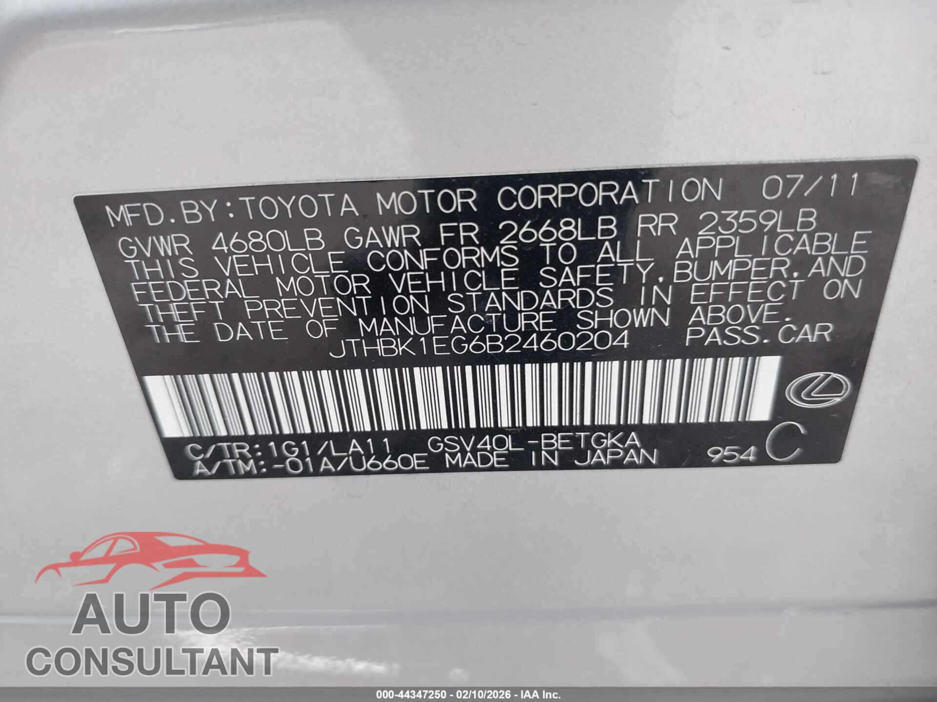 LEXUS ES 350 2011 - JTHBK1EG6B2460204