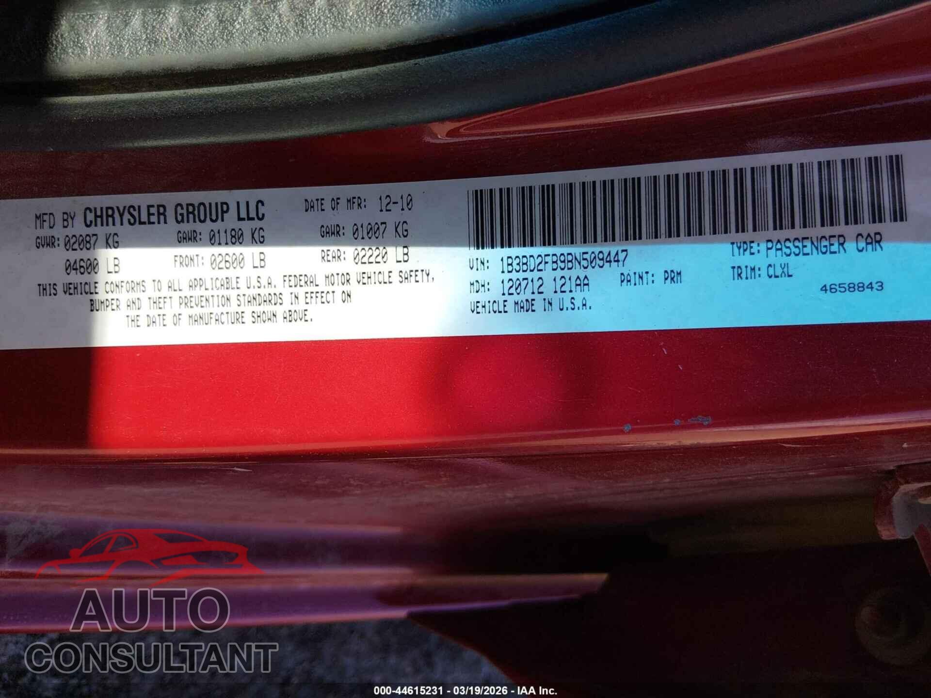 DODGE AVENGER 2011 - 1B3BD2FB9BN509447