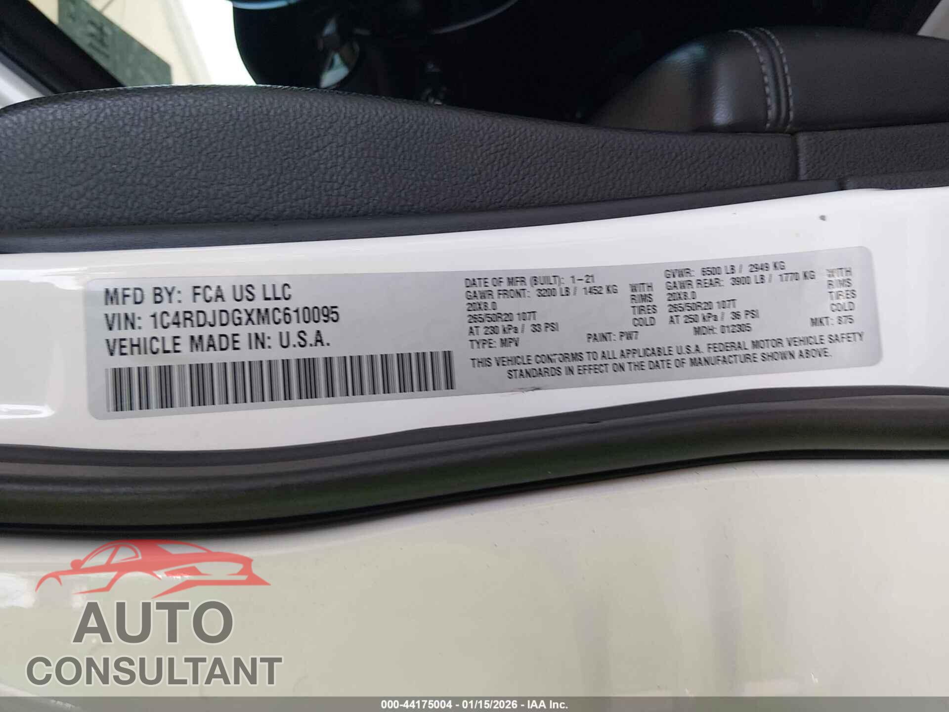 DODGE DURANGO 2021 - 1C4RDJDGXMC610095