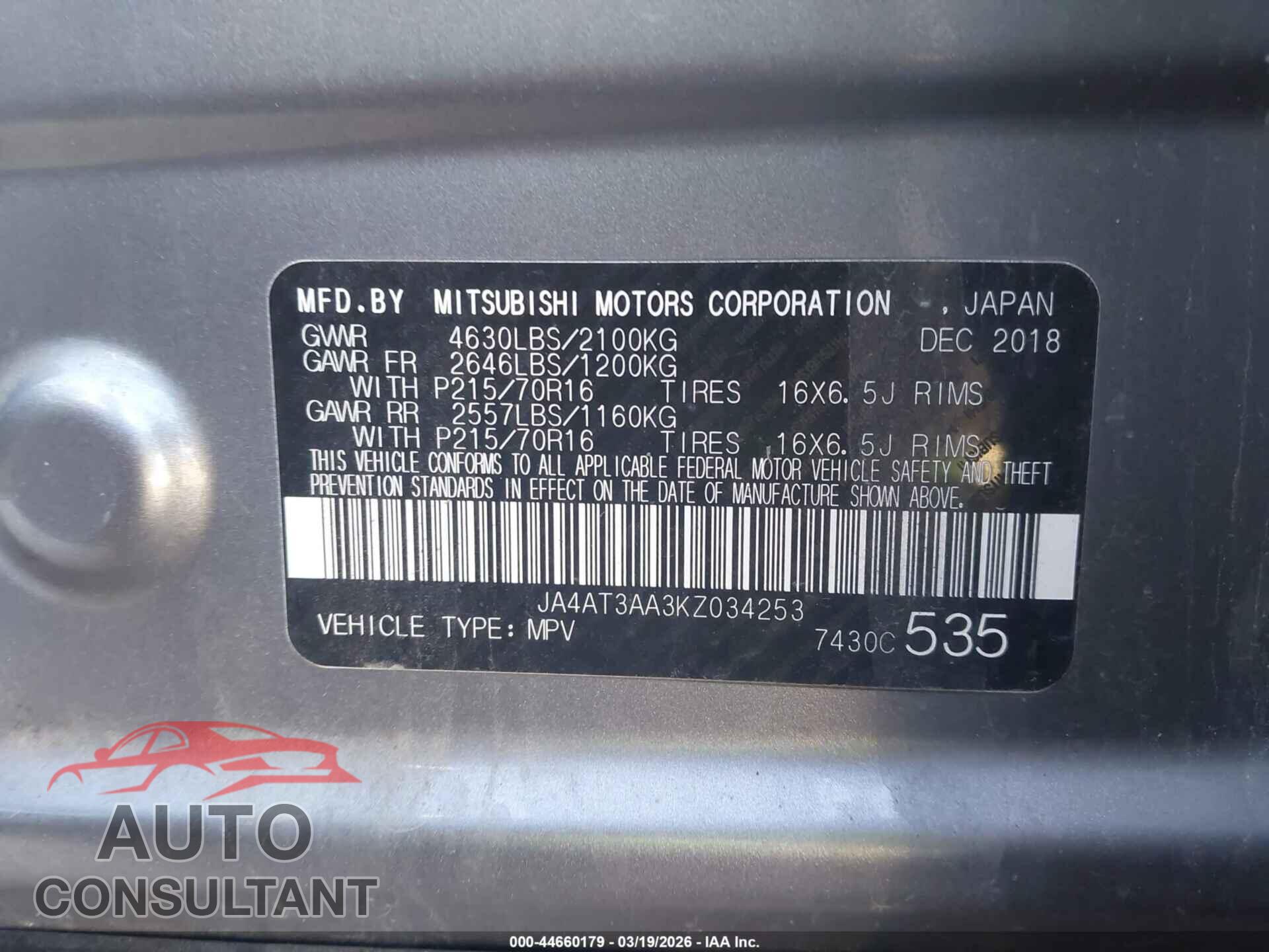 MITSUBISHI ECLIPSE CROSS 2019 - JA4AT3AA3KZ034253