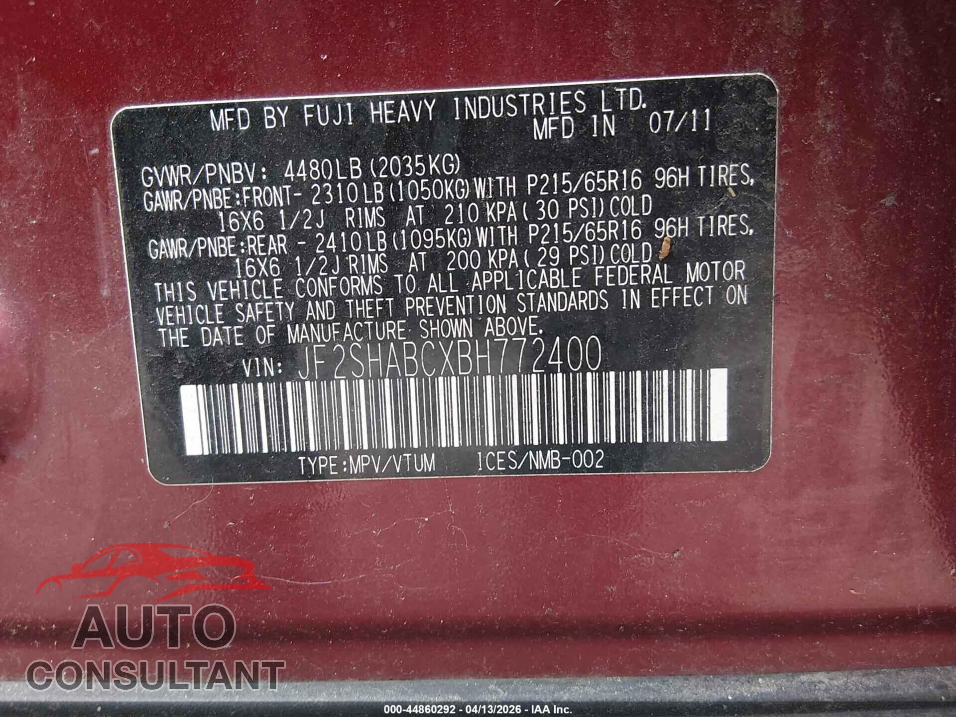 SUBARU FORESTER 2011 - JF2SHABCXBH772400