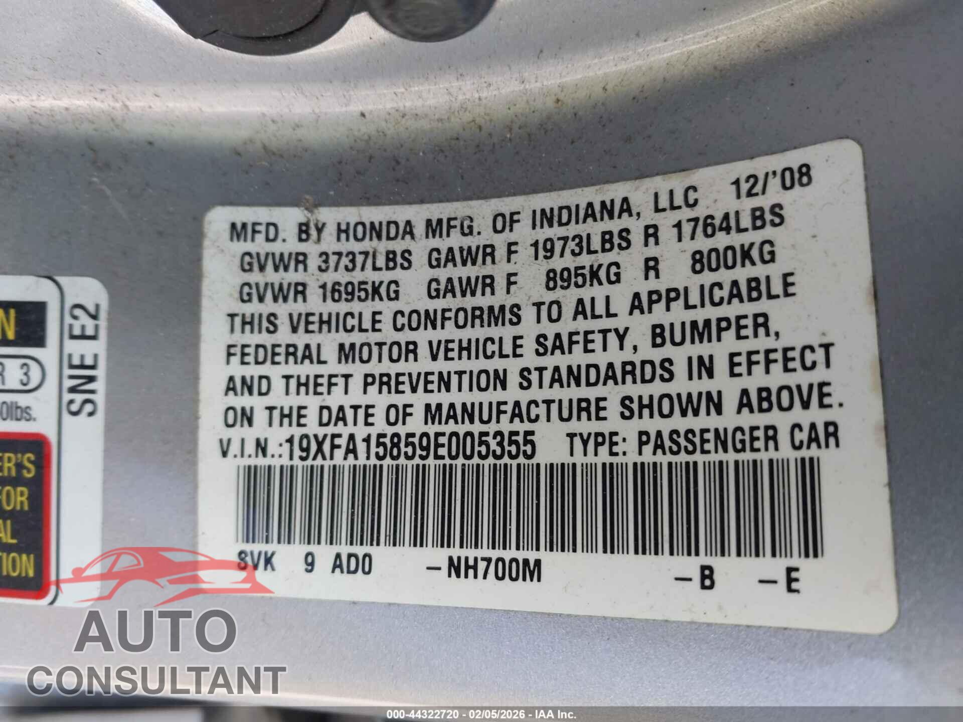 HONDA CIVIC 2009 - 19XFA15859E005355