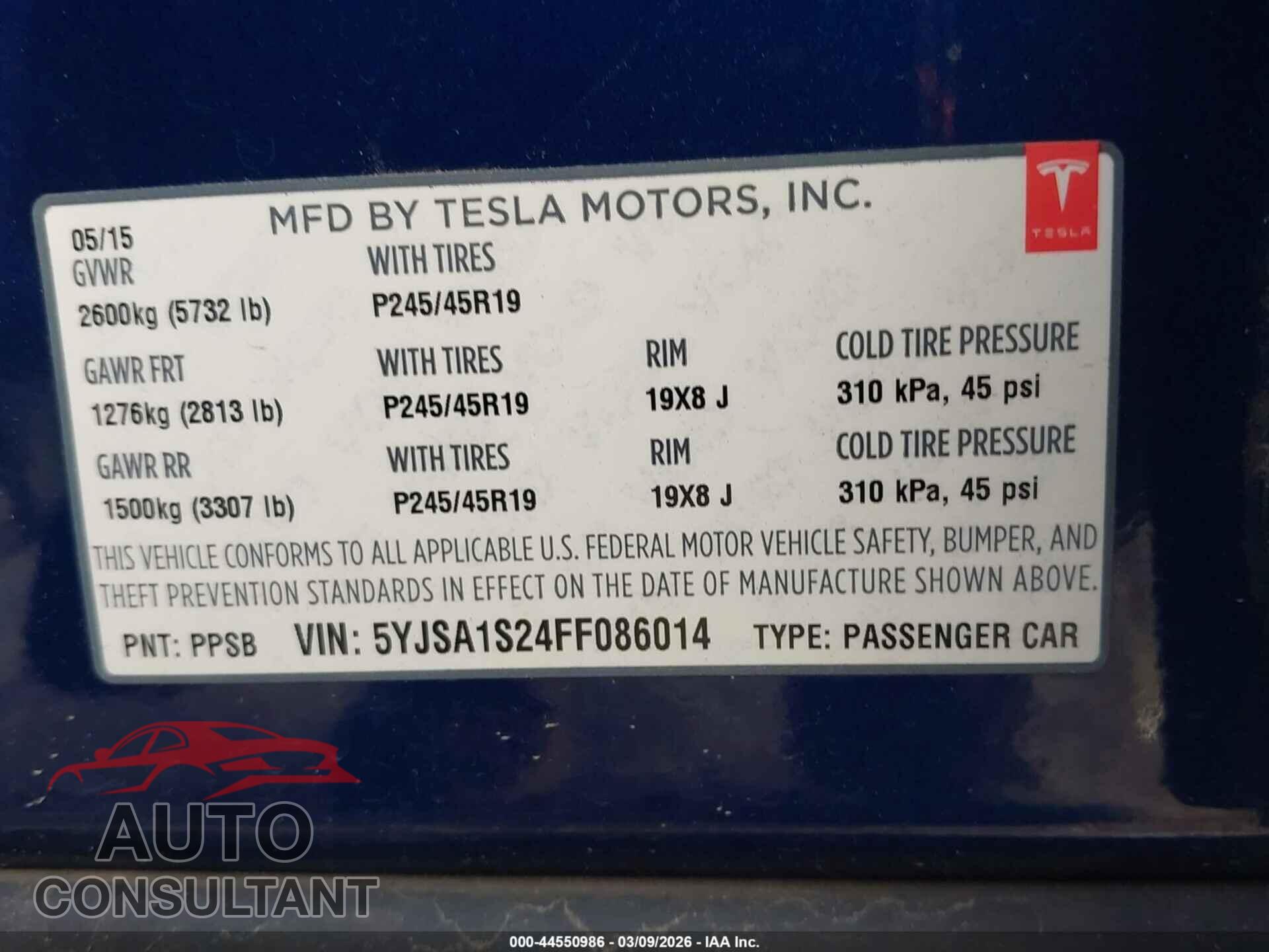 TESLA MODEL S 2015 - 5YJSA1S24FF086014