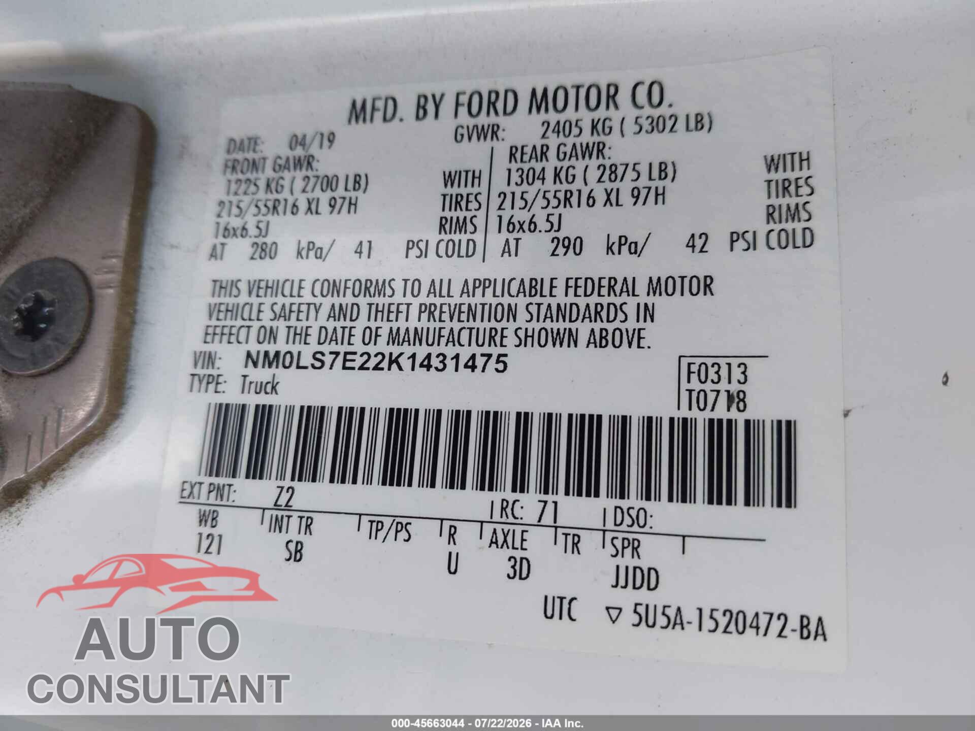 FORD TRANSIT CONNECT 2019 - NM0LS7E22K1431475
