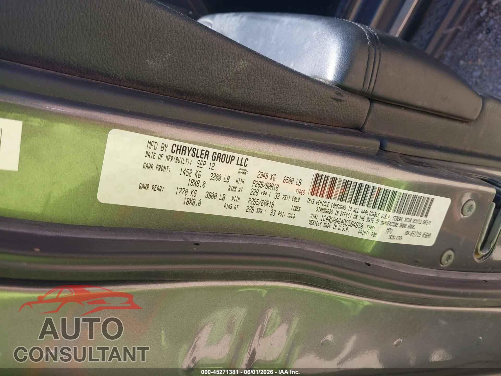 DODGE DURANGO 2013 - 1C4RDHAG4DC564650