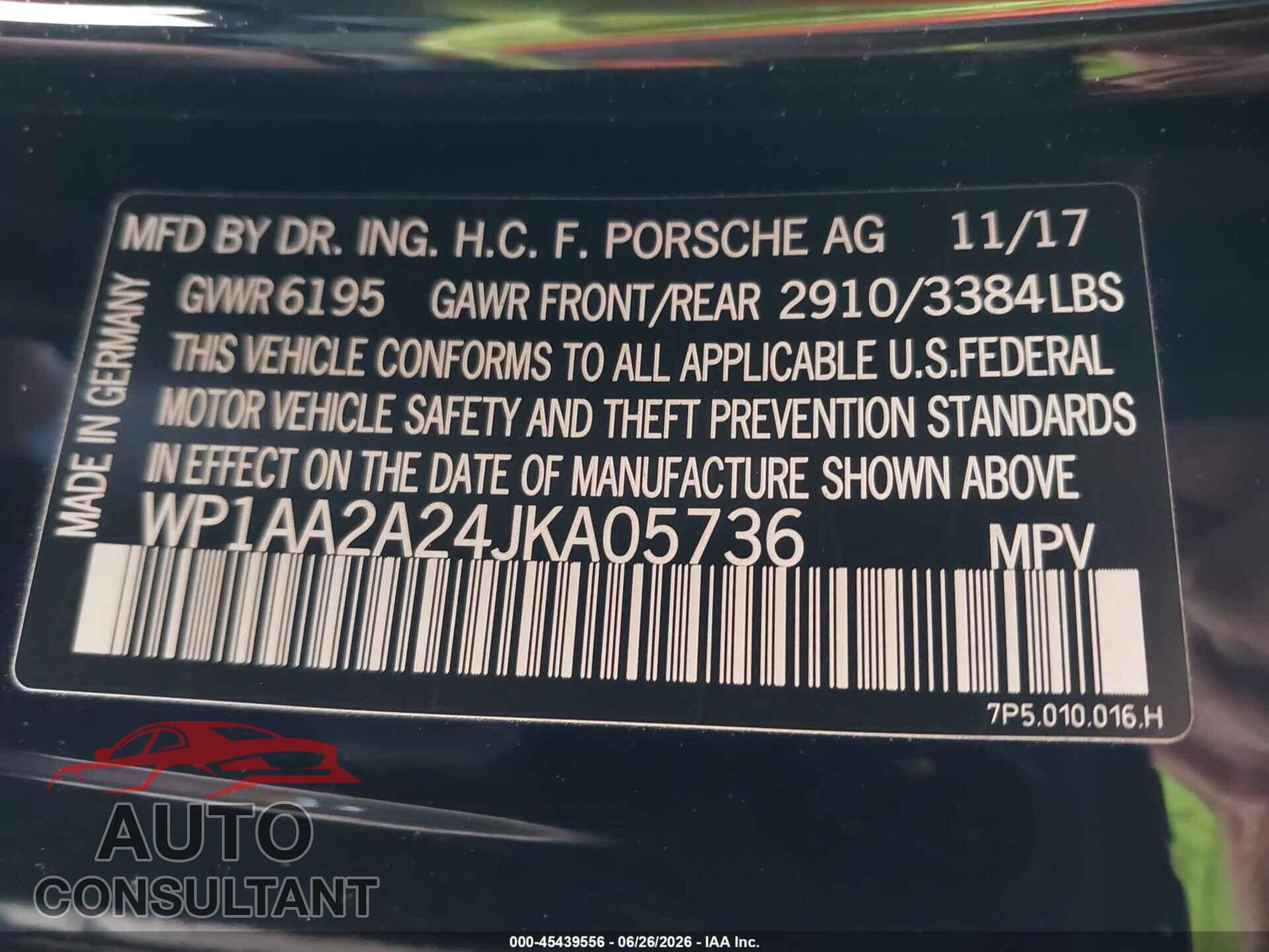 PORSCHE CAYENNE 2018 - WP1AA2A24JKA05736