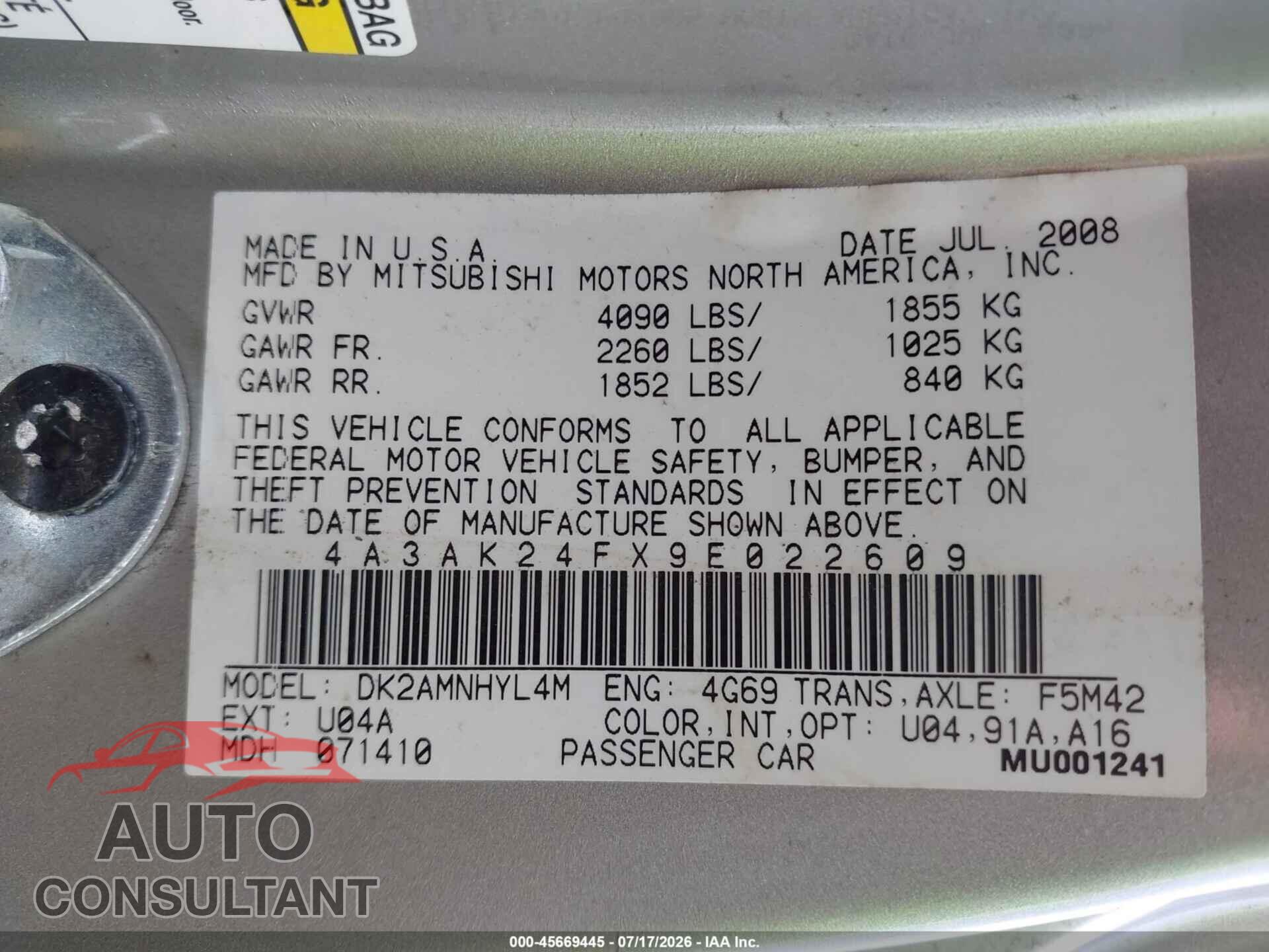 MITSUBISHI ECLIPSE 2009 - 4A3AK24FX9E022609