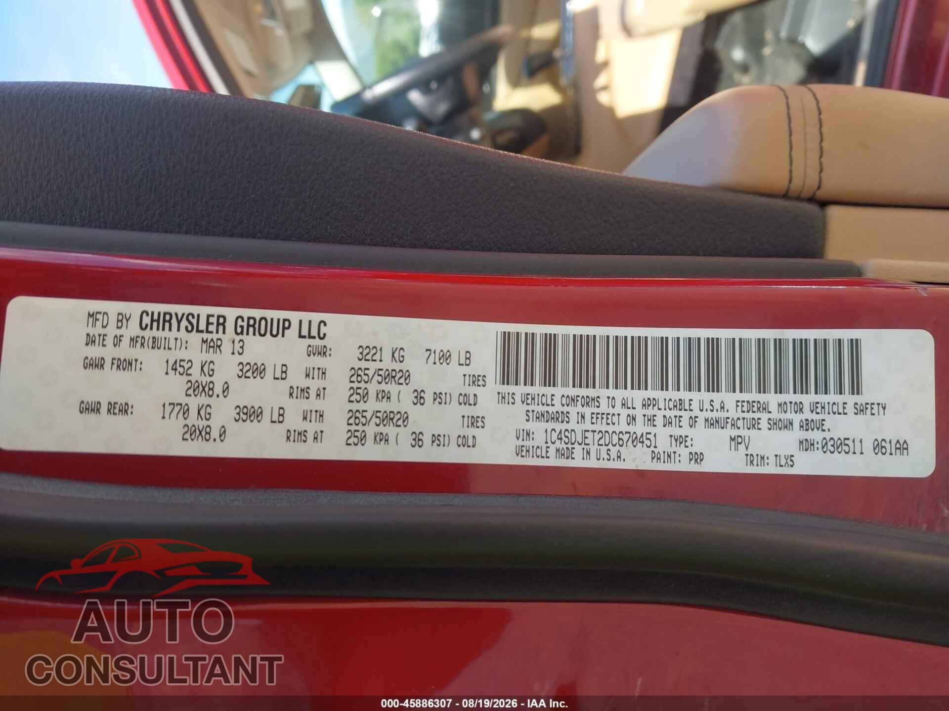 DODGE DURANGO 2013 - 1C4SDJET2DC670451
