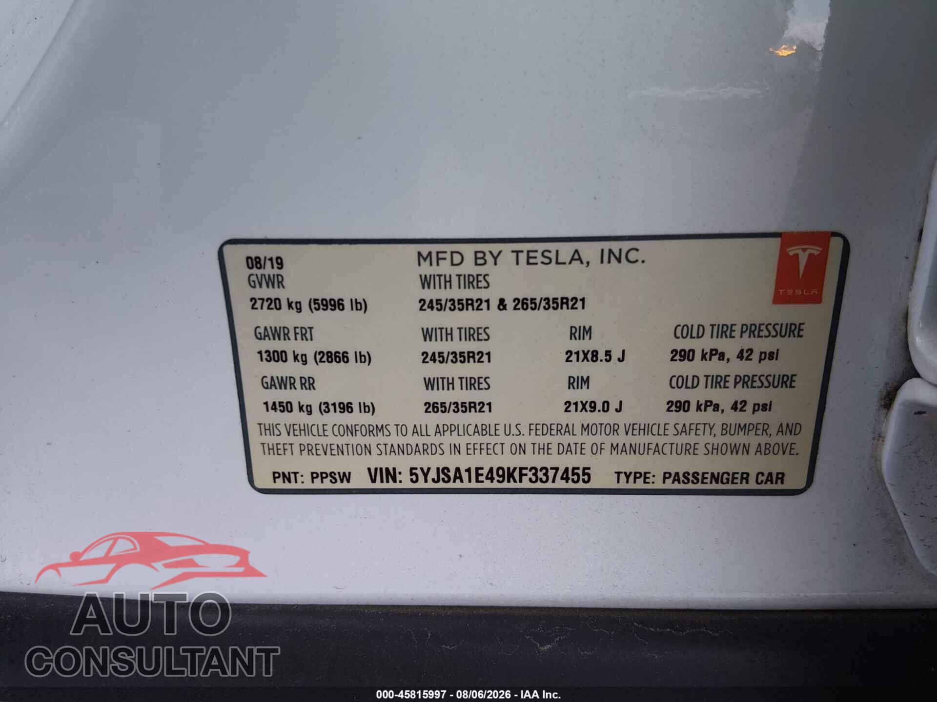 TESLA MODEL S 2019 - 5YJSA1E49KF337455