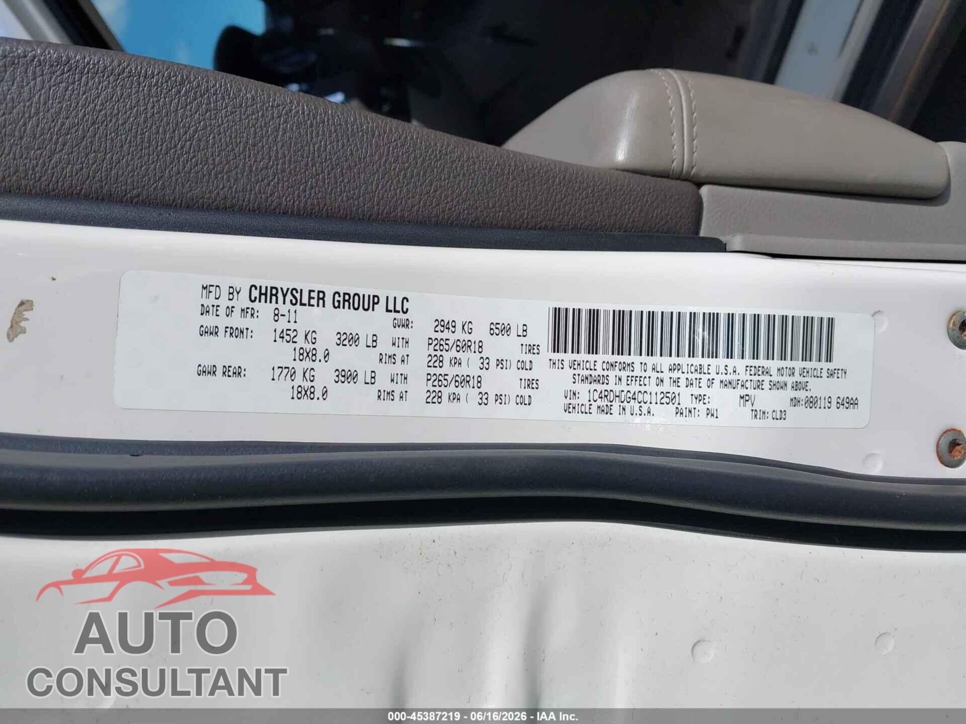 DODGE DURANGO 2012 - 1C4RDHDG4CC112501