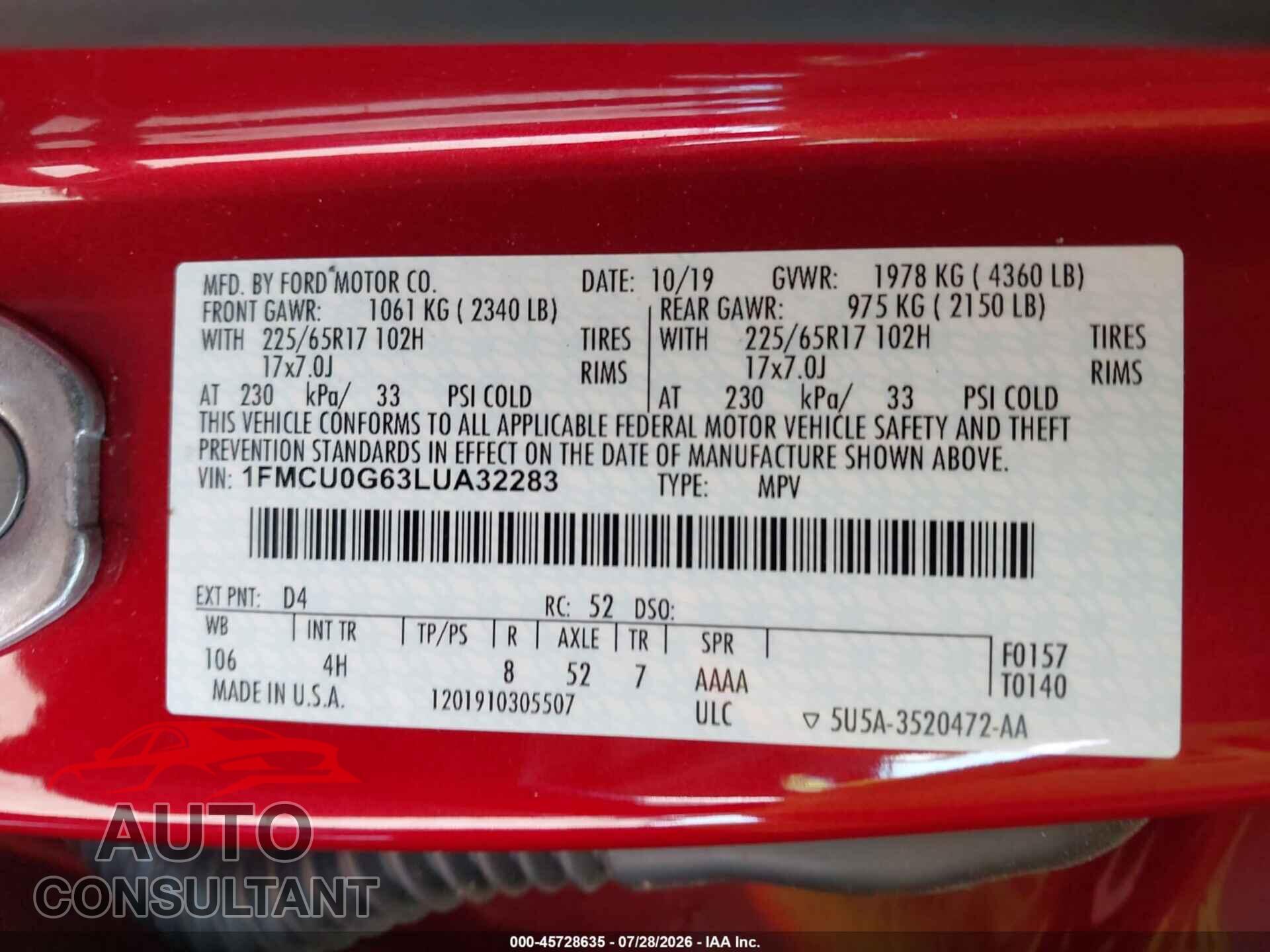 FORD ESCAPE 2020 - 1FMCU0G63LUA32283