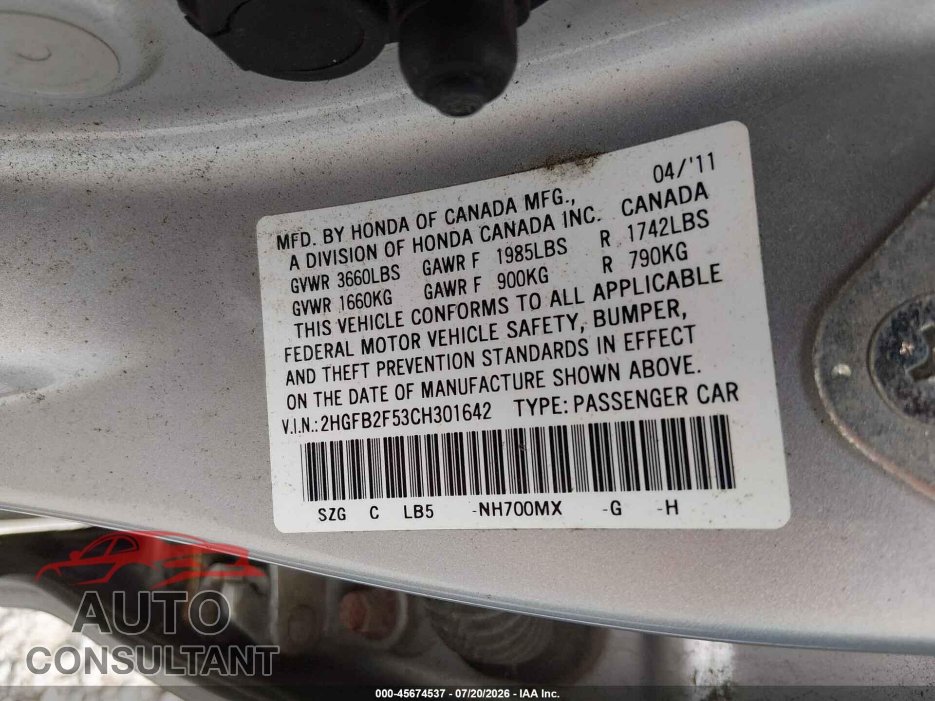 HONDA CIVIC 2012 - 2HGFB2F53CH301642
