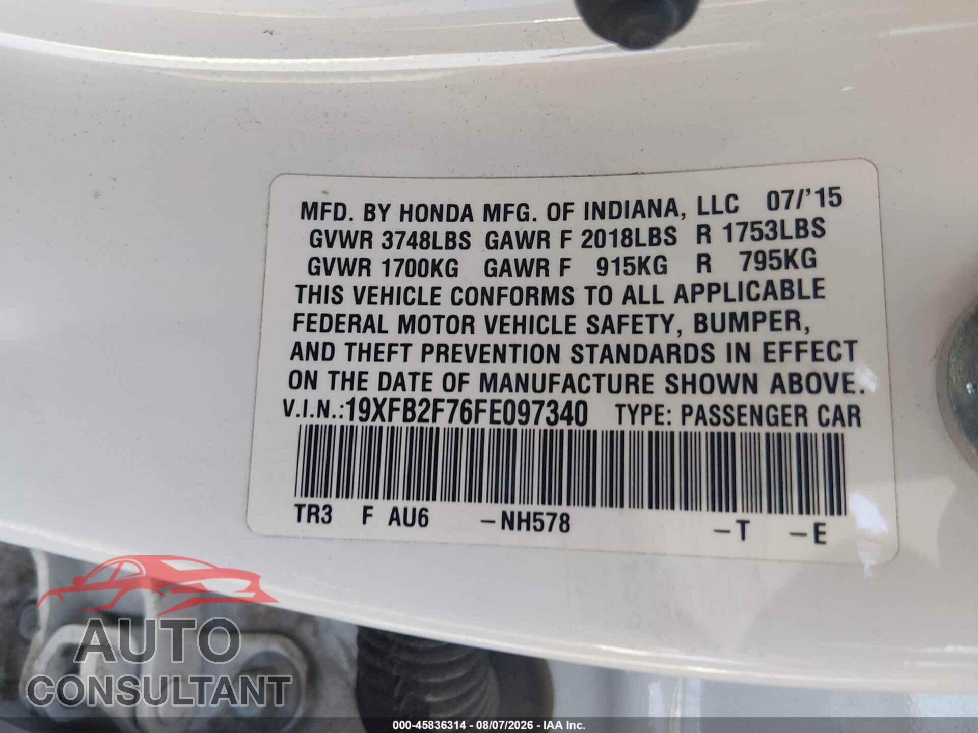 HONDA CIVIC 2015 - 19XFB2F76FE097340