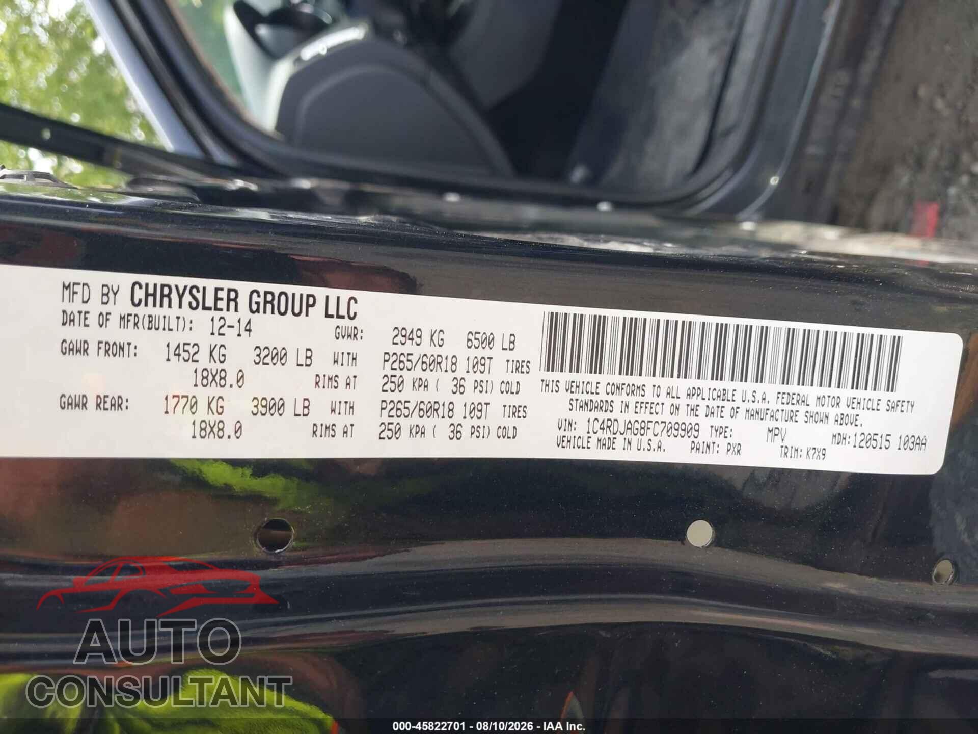 DODGE DURANGO 2015 - 1C4RDJAG8FC709909