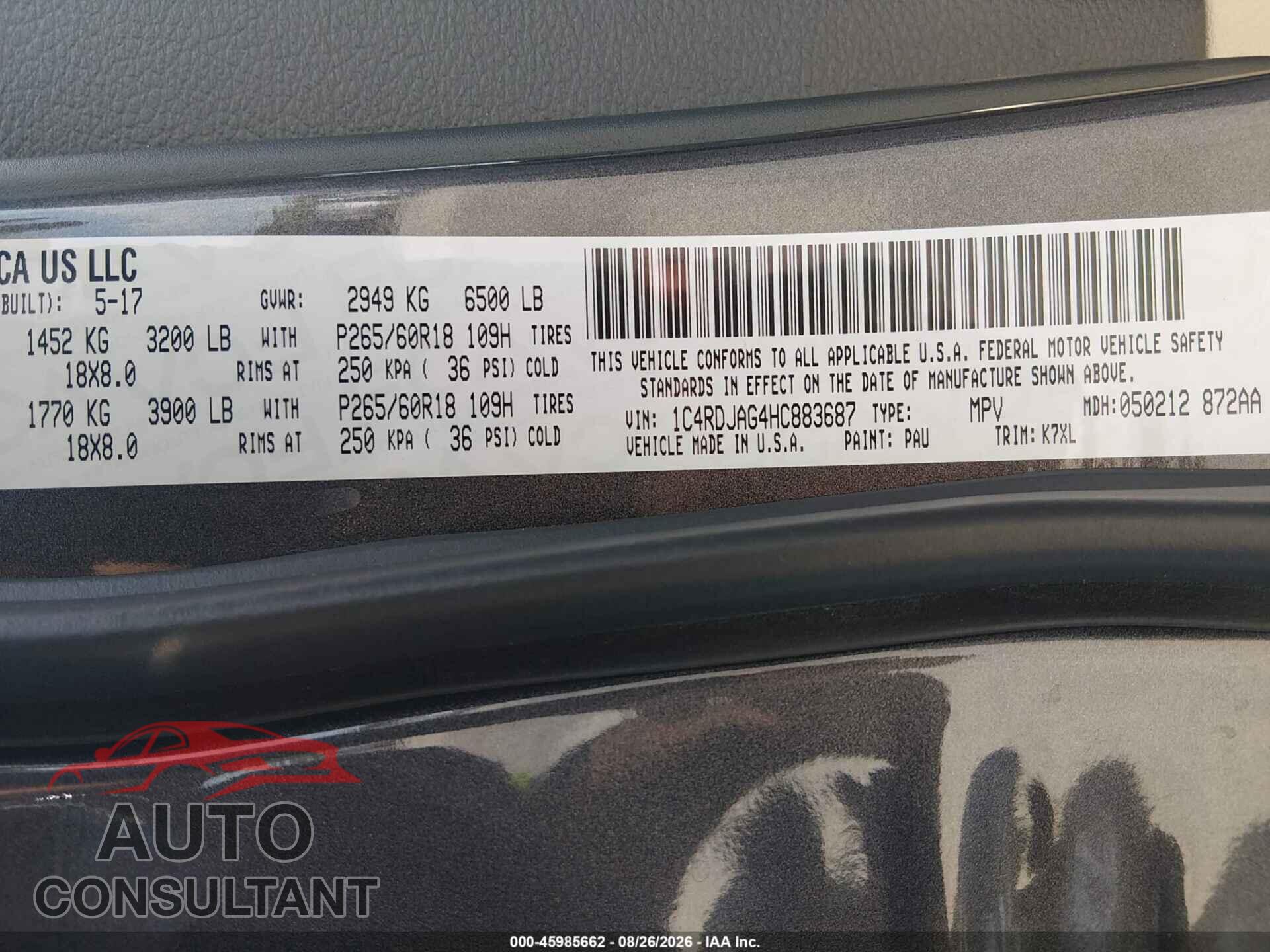 DODGE DURANGO 2017 - 1C4RDJAG4HC883687