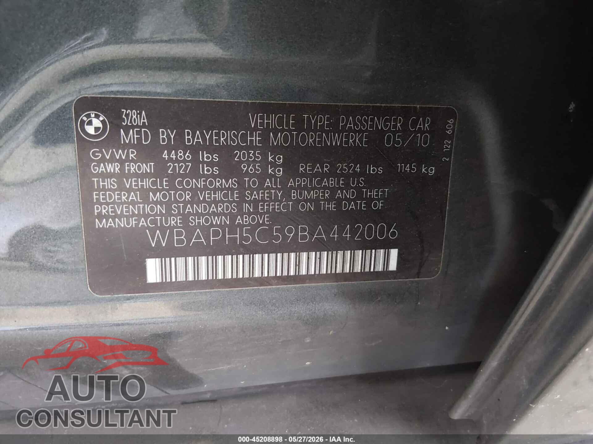 BMW 328I 2011 - WBAPH5C59BA442006