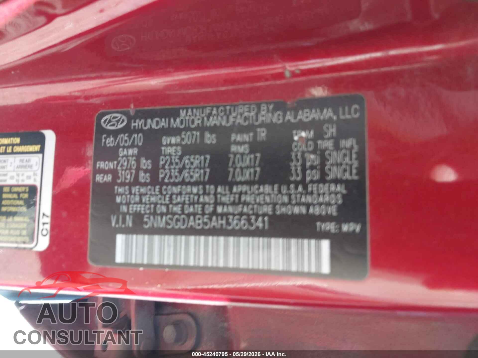 HYUNDAI SANTA FE 2010 - 5NMSGDAB5AH366341