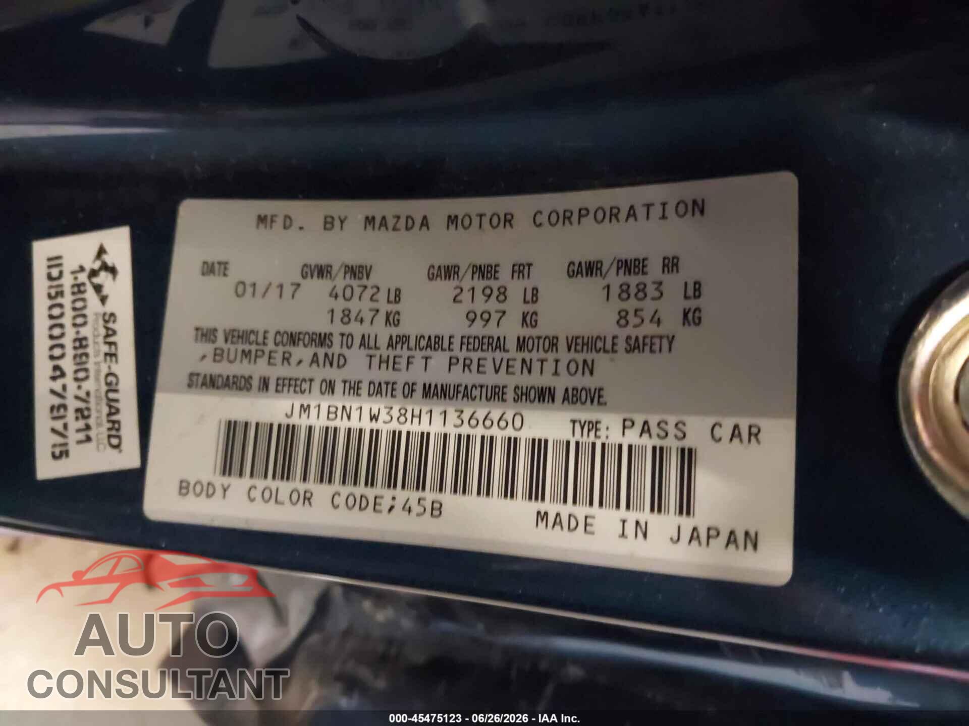 MAZDA MAZDA3 2017 - JM1BN1W38H1136660