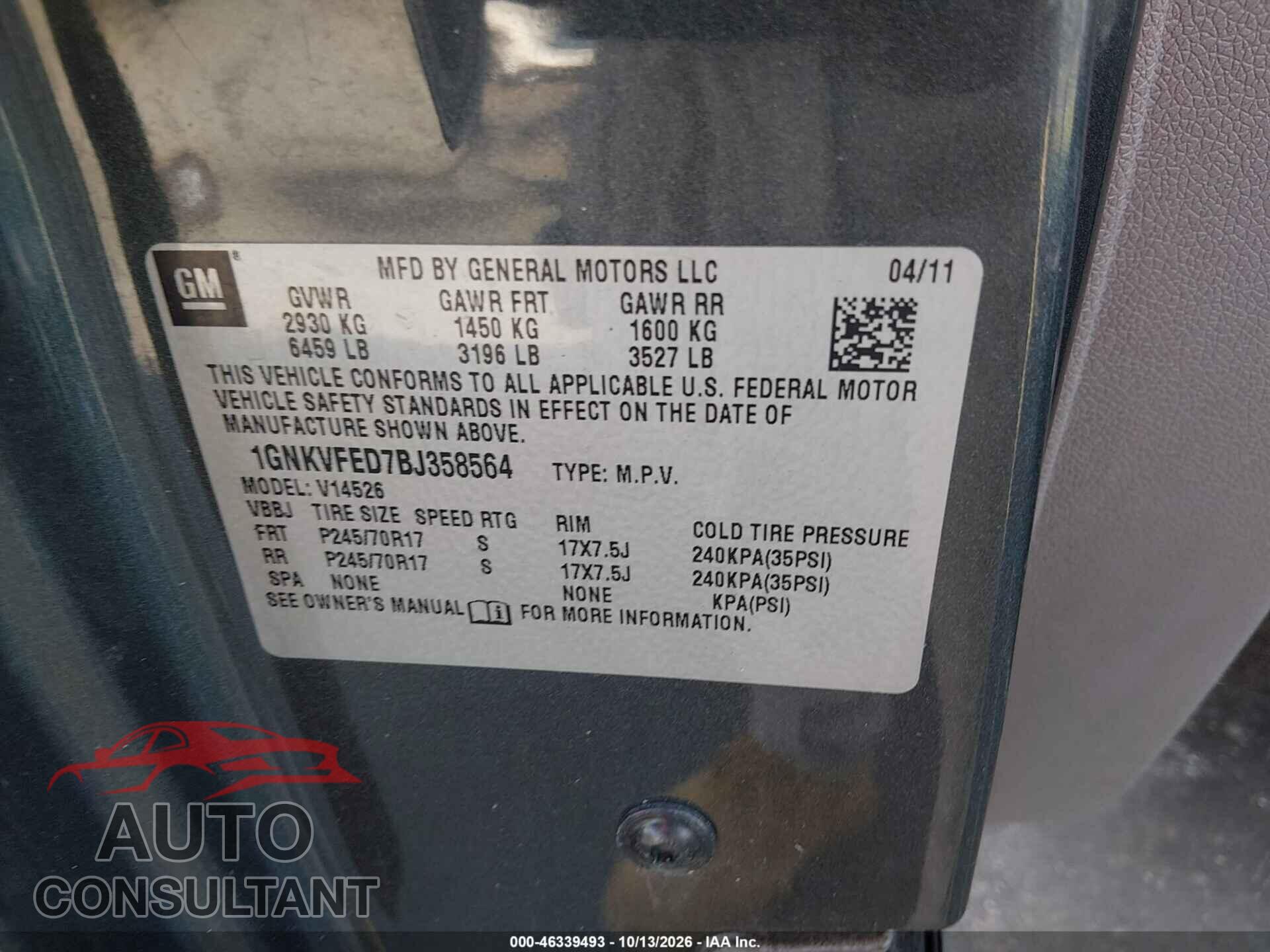CHEVROLET TRAVERSE 2011 - 1GNKVFED7BJ358564