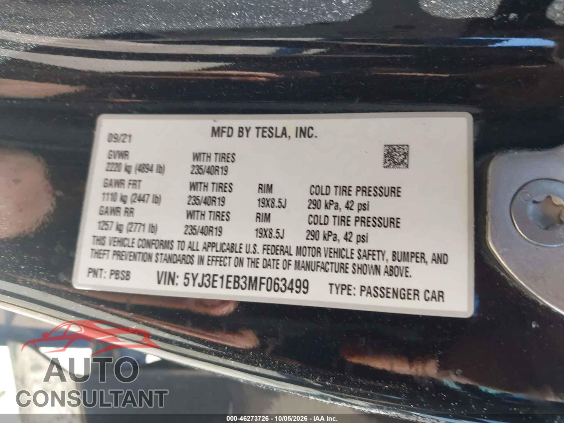 TESLA MODEL 3 2021 - 5YJ3E1EB3MF063499