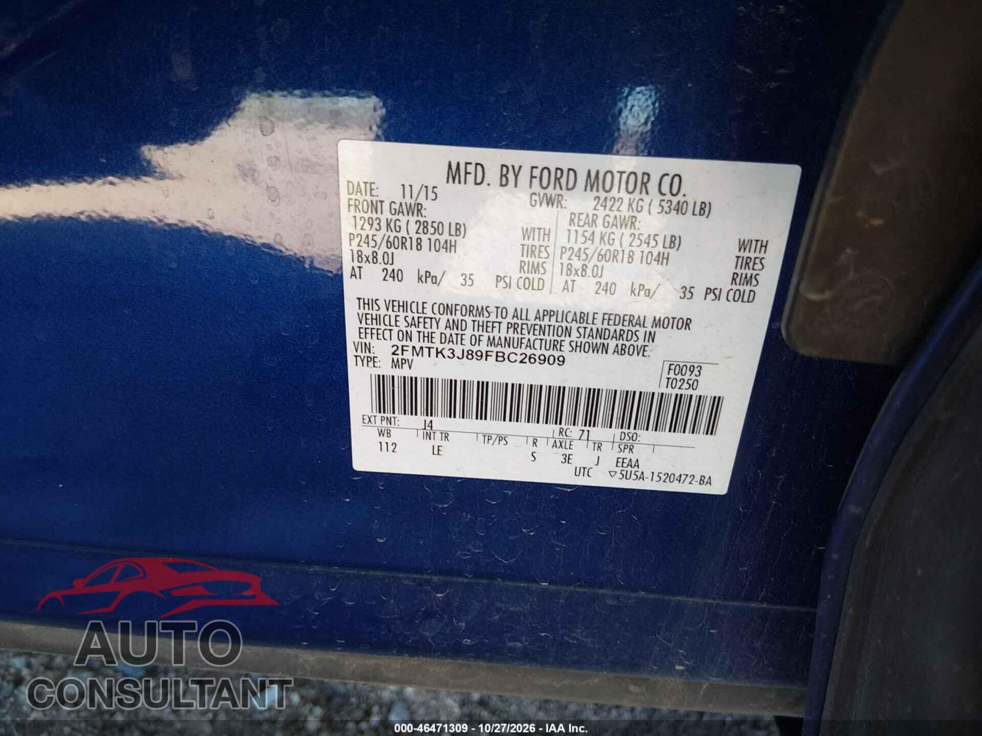 FORD EDGE 2015 - 2FMTK3J89FBC26909