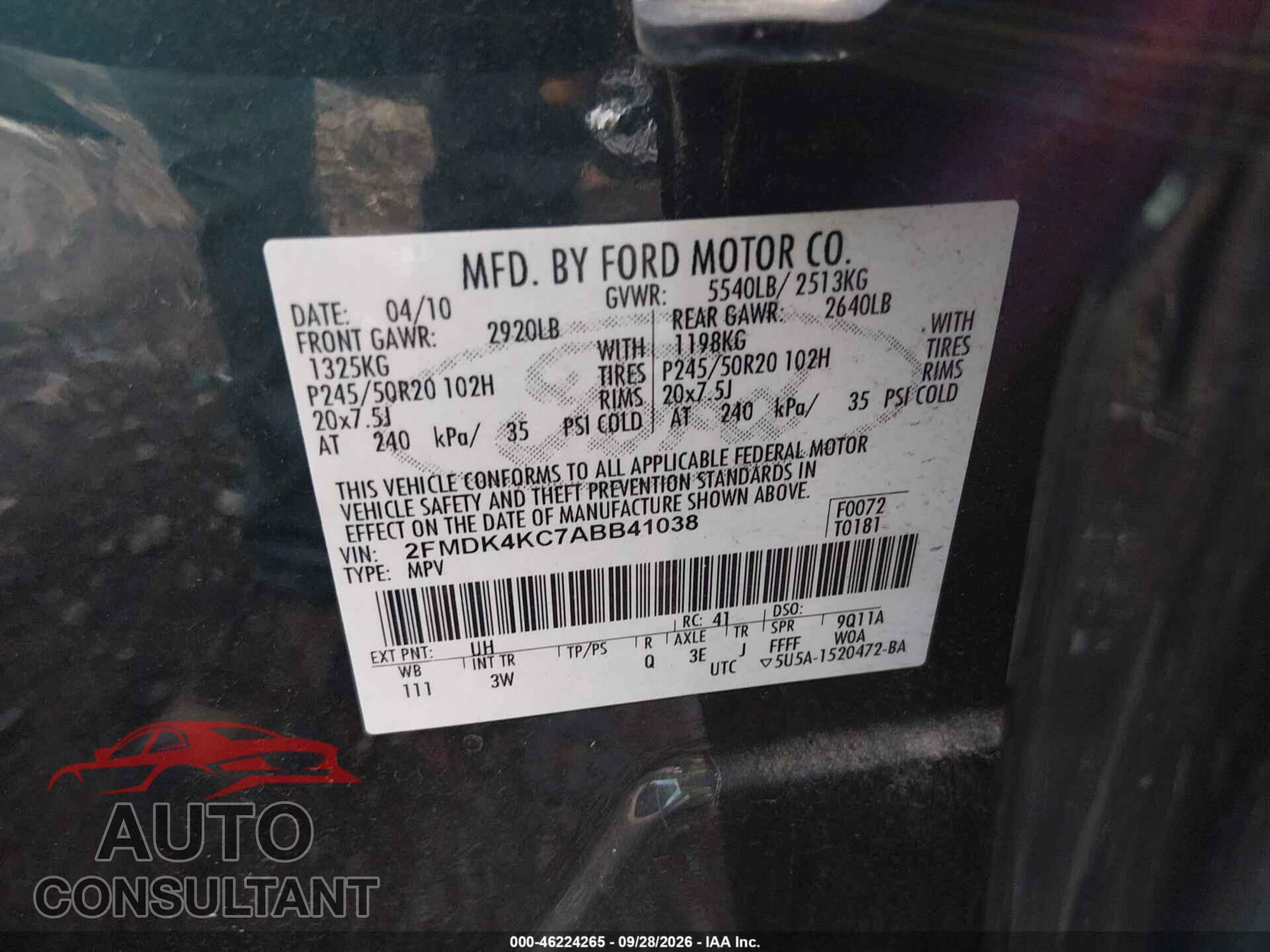 FORD EDGE 2010 - 2FMDK4KC7ABB41038