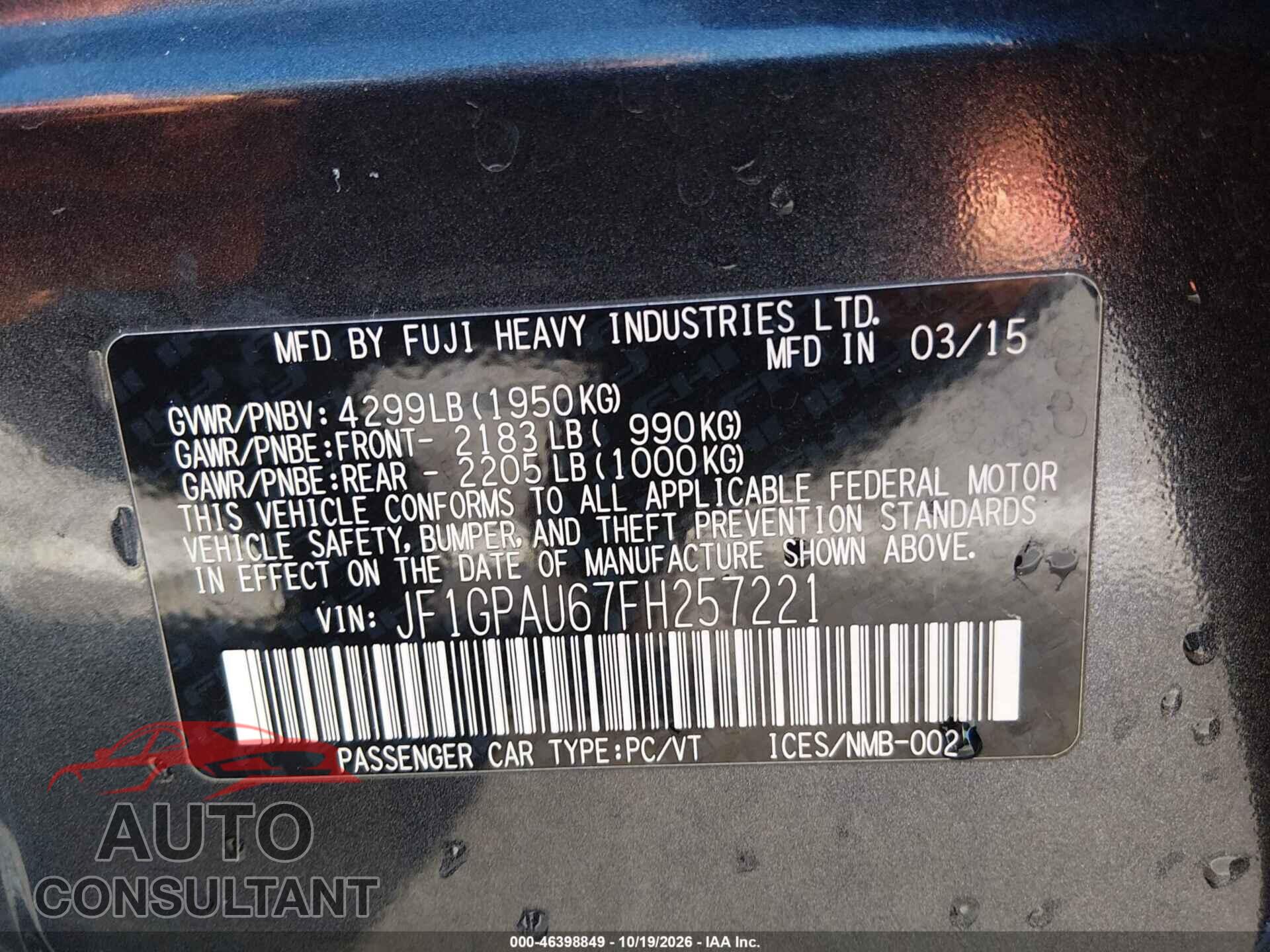 SUBARU IMPREZA 2015 - JF1GPAU67FH257221