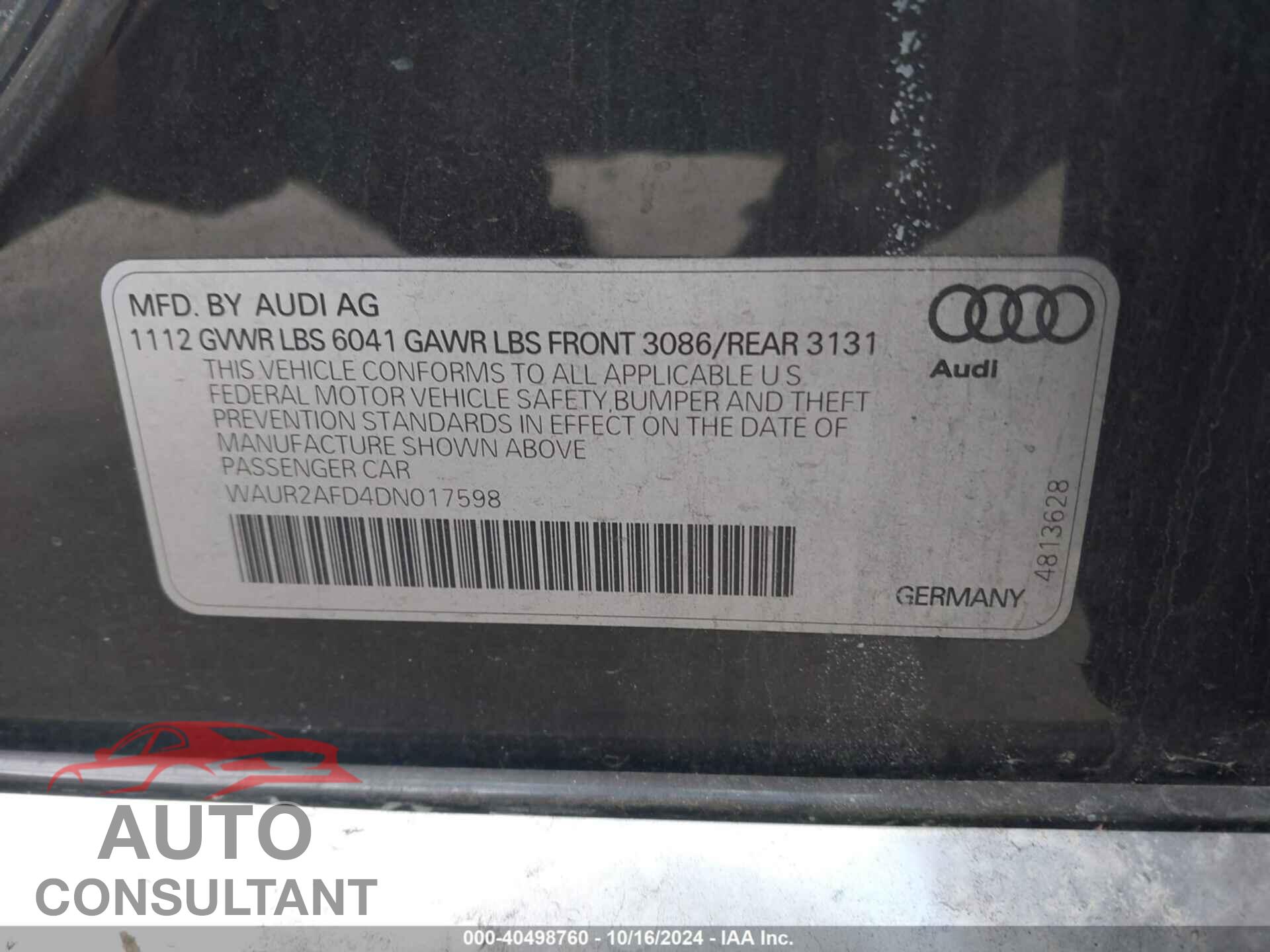 AUDI A8 L 2013 - WAUR2AFD4DN017598