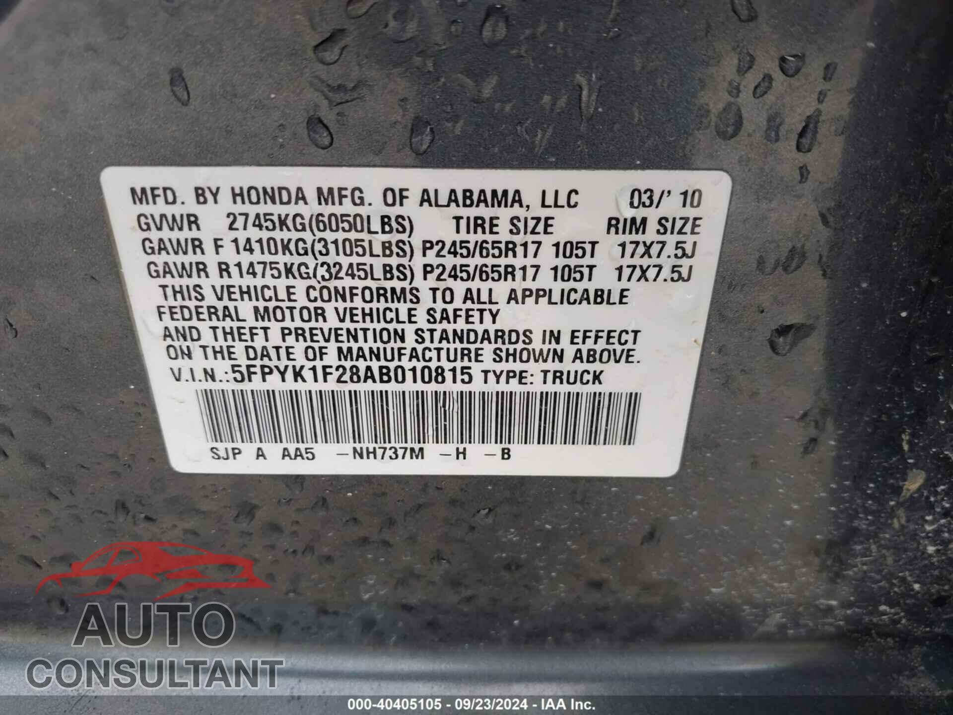 HONDA RIDGELINE 2010 - 5FPYK1F28AB010815