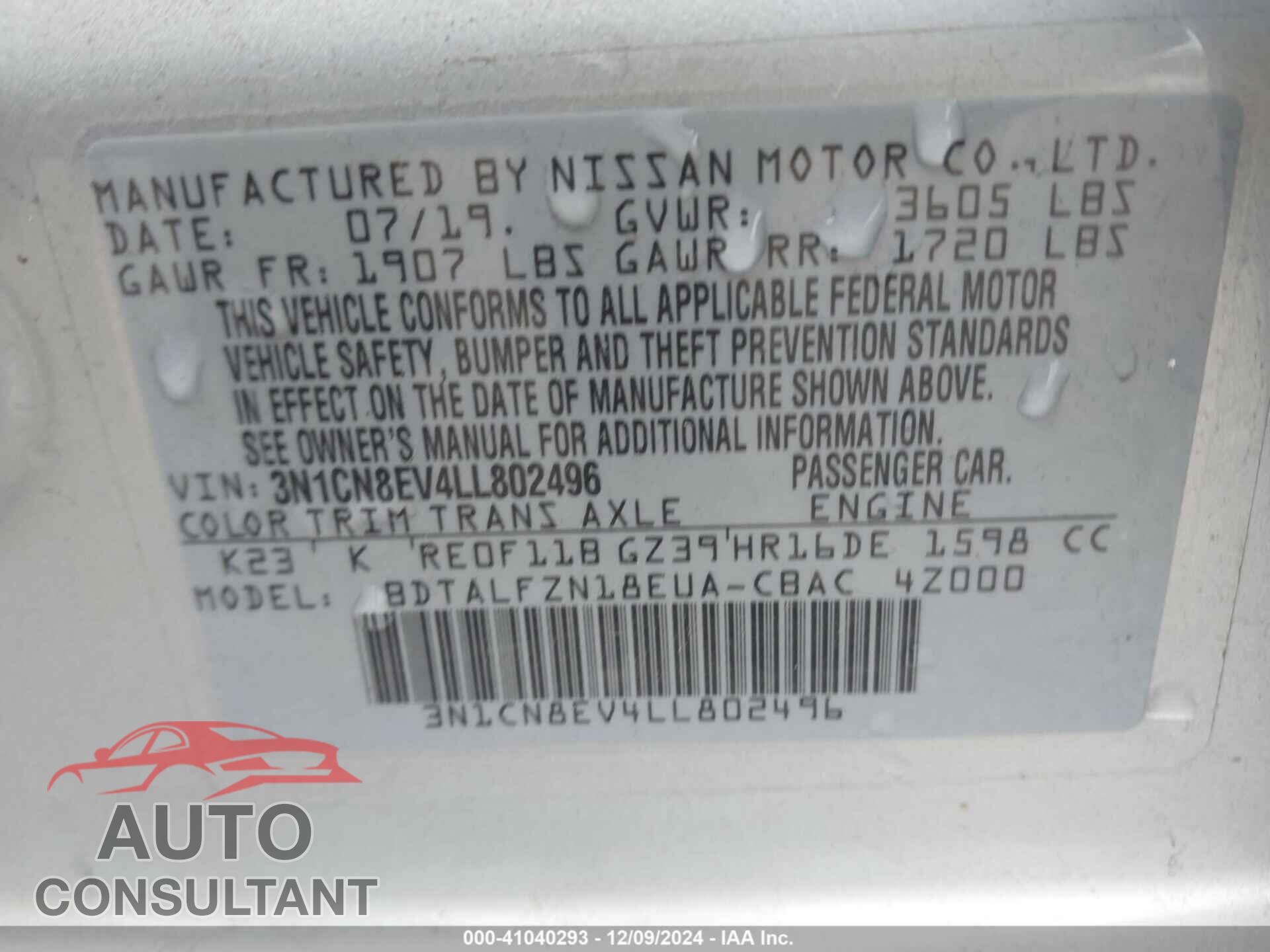 NISSAN VERSA 2020 - 3N1CN8EV4LL802496
