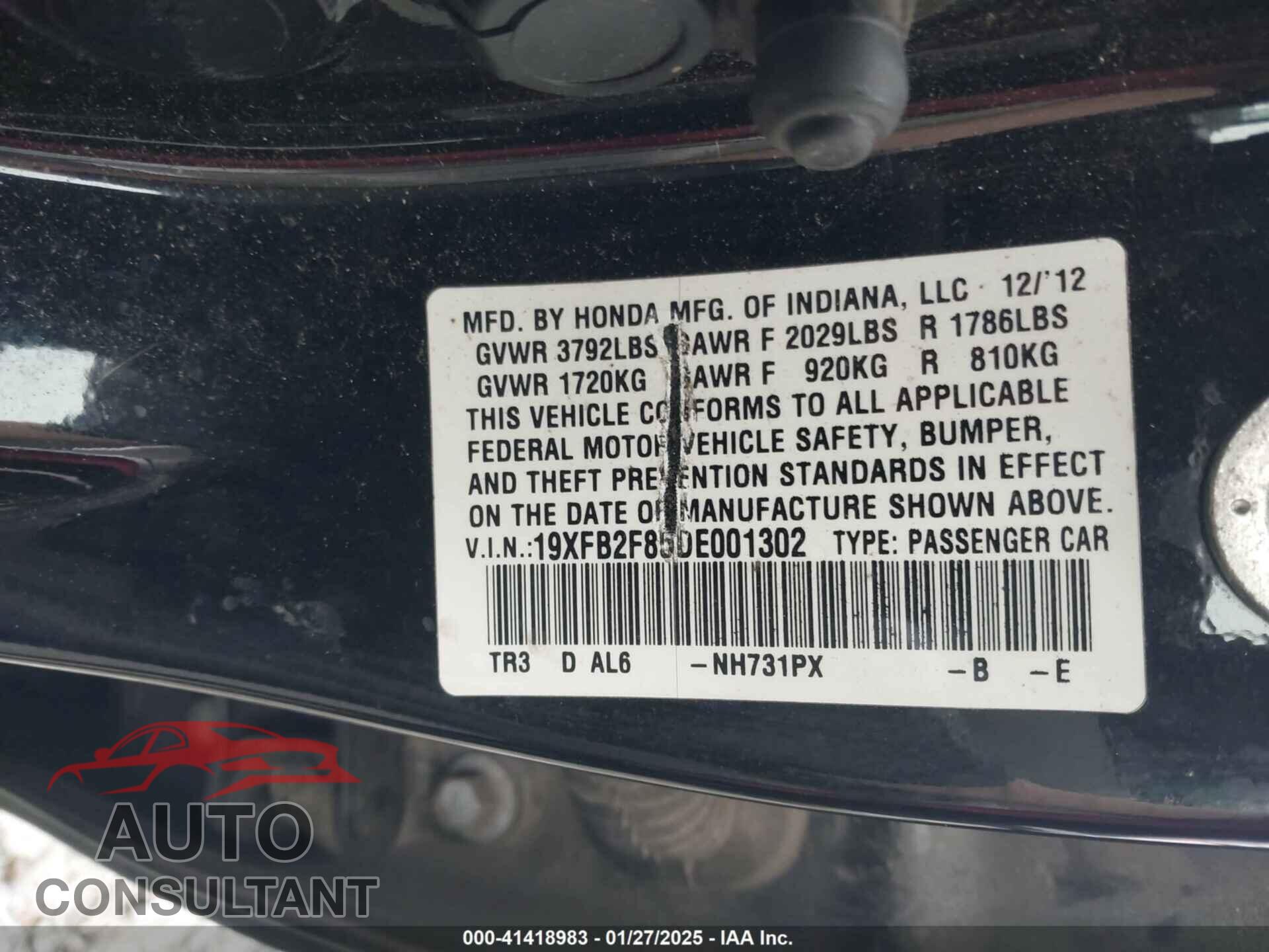 HONDA CIVIC 2013 - 19XFB2F85DE001302