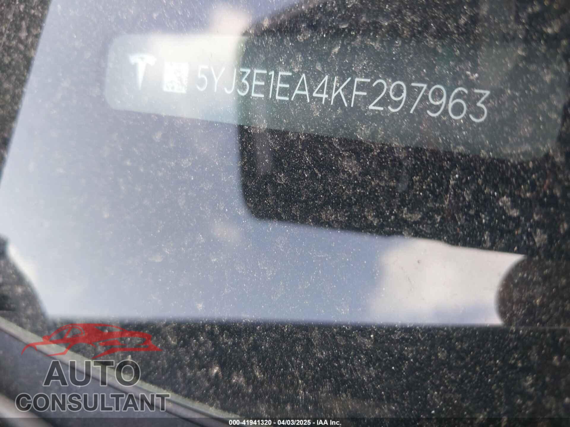 TESLA MODEL 3 2019 - 5YJ3E1EA4KF297963