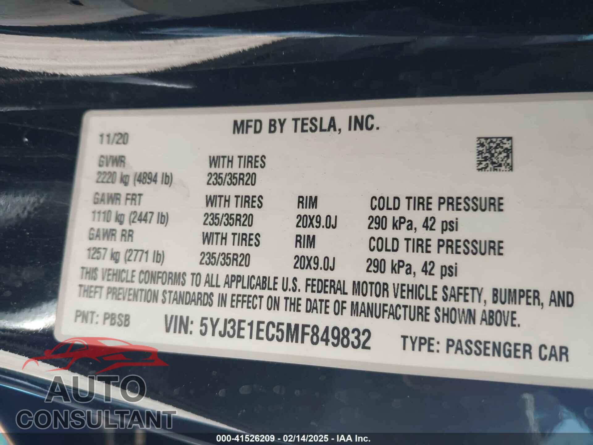 TESLA MODEL 3 2021 - 5YJ3E1EC5MF849832
