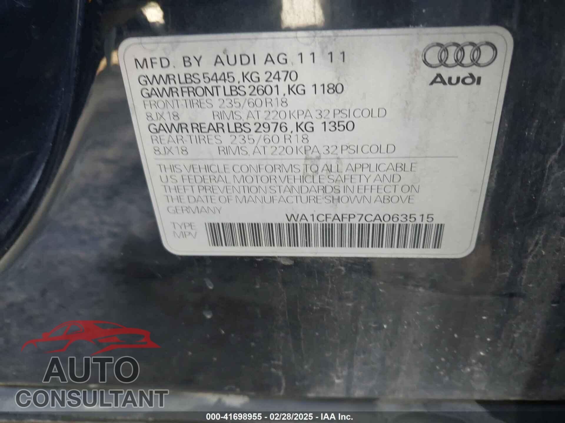 AUDI Q5 2012 - WA1CFAFP7CA063515
