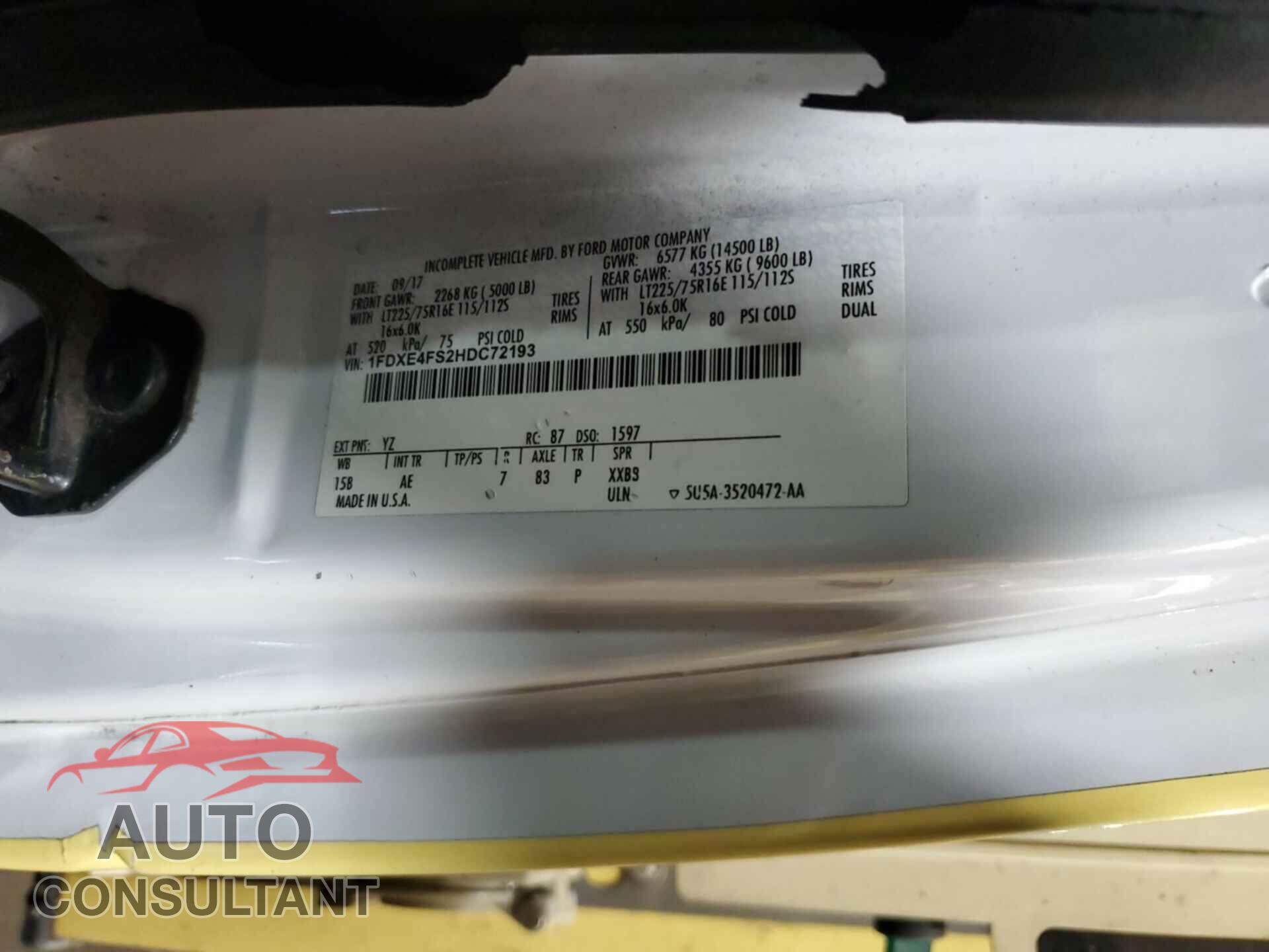 FORD E-450 CUTAWAY 2017 - 1FDXE4FS2HDC72193