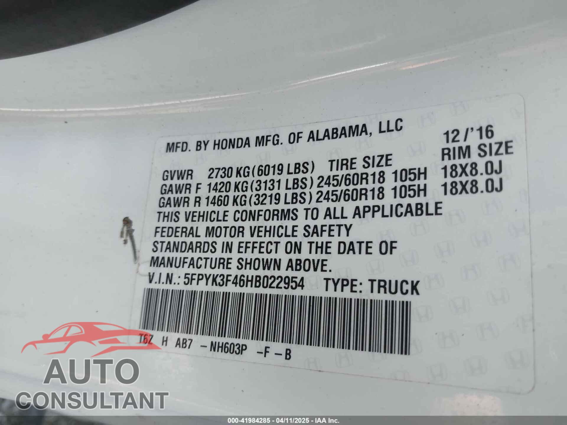 HONDA RIDGELINE 2017 - 5FPYK3F46HB022954