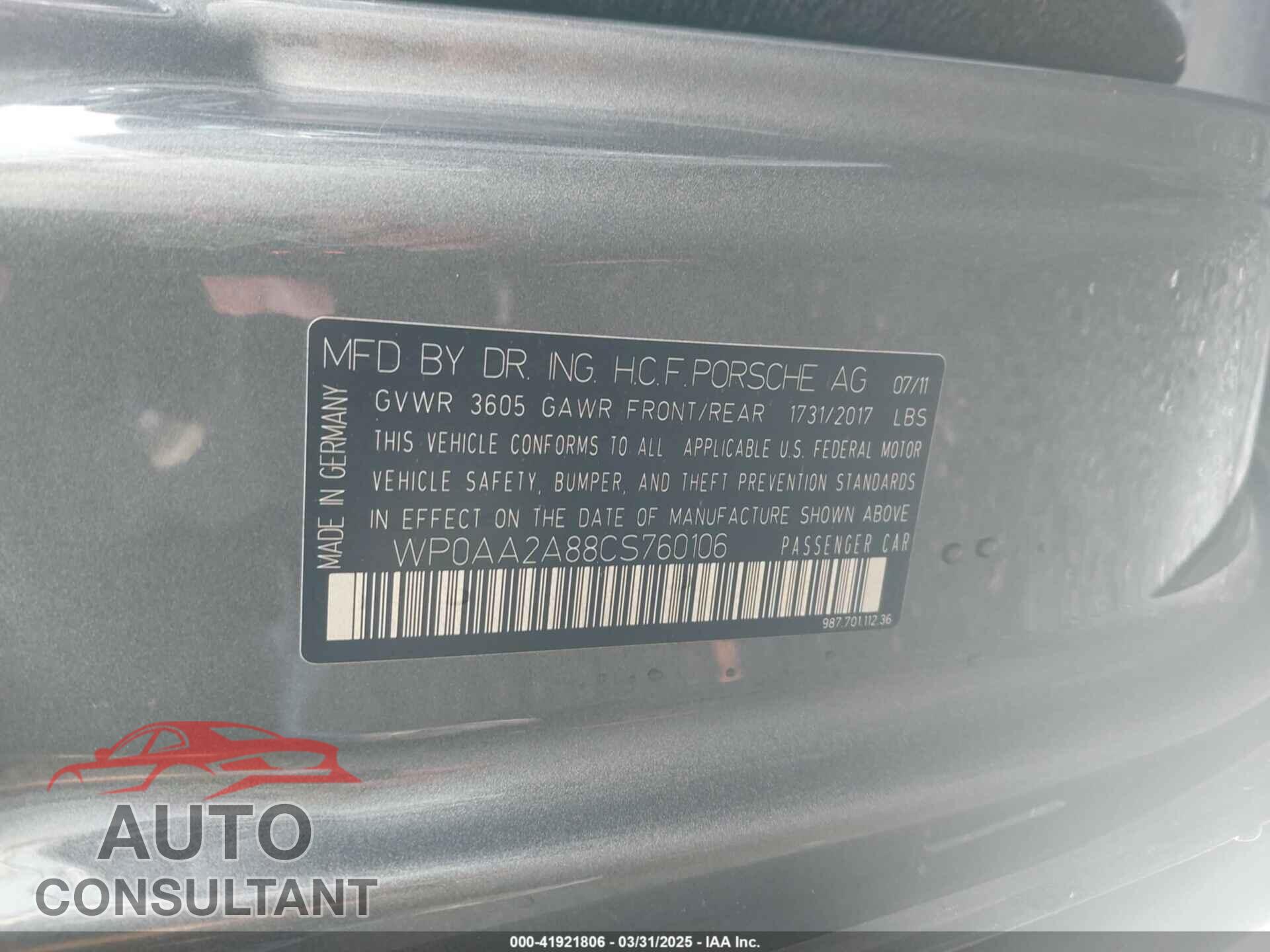 PORSCHE CAYMAN 2012 - WP0AA2A88CS760106