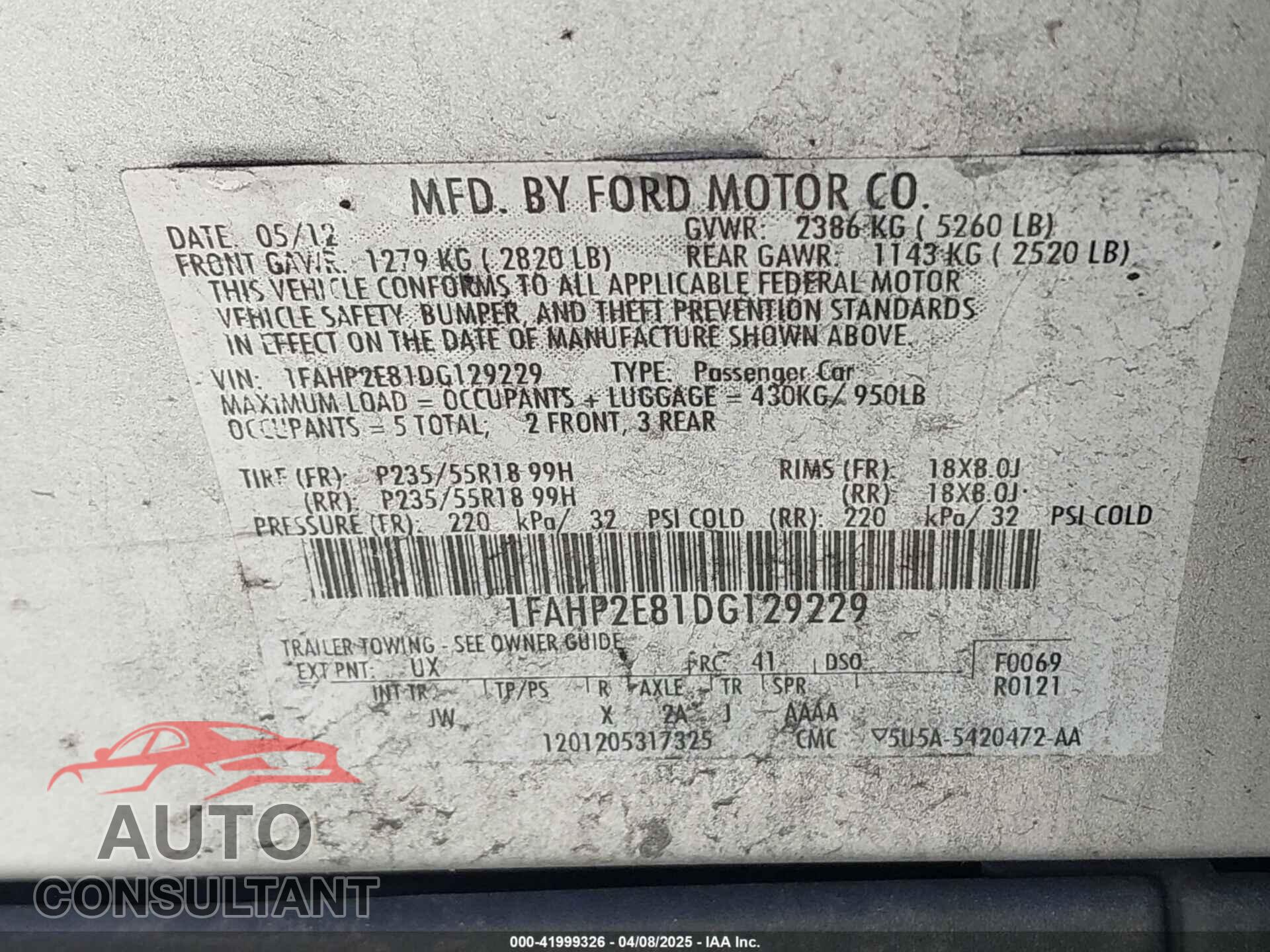 FORD TAURUS 2013 - 1FAHP2E81DG129229