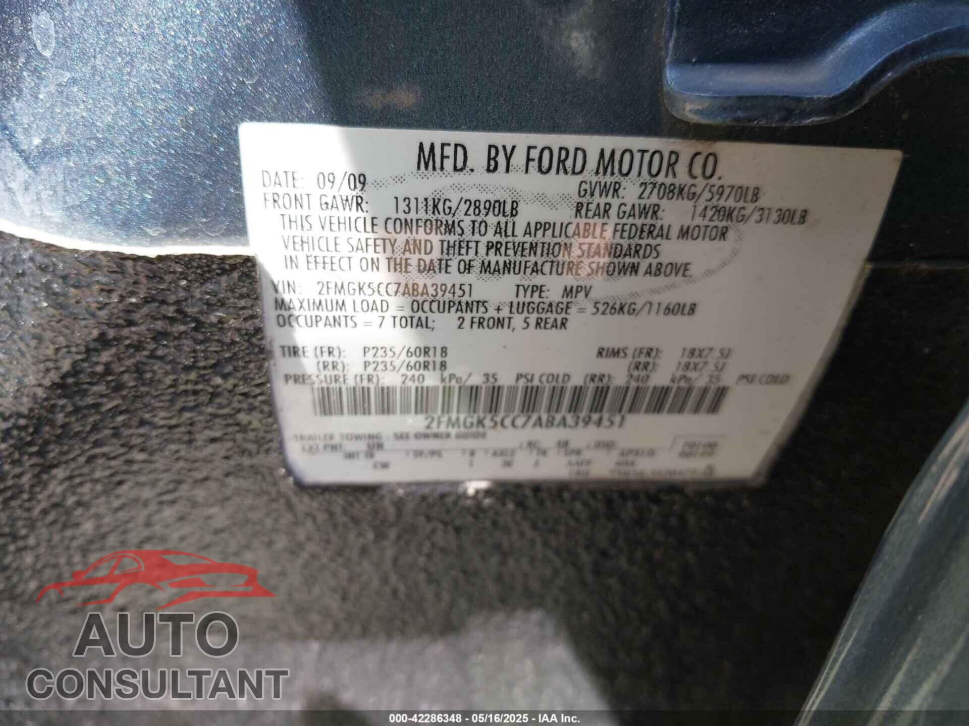 FORD FLEX 2010 - 2FMGK5CC7ABA39451