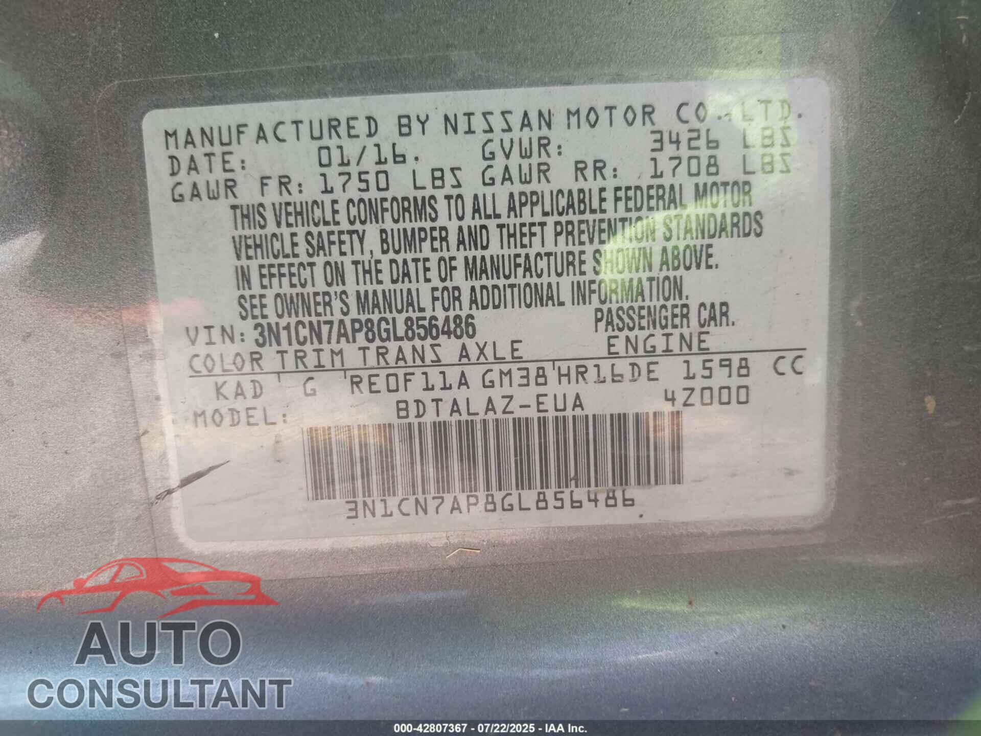 NISSAN VERSA 2016 - 3N1CN7AP8GL856486
