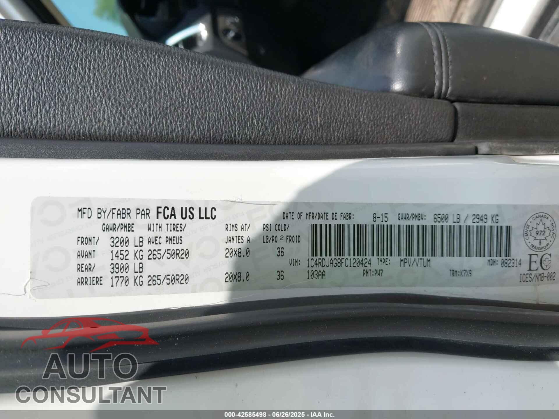 DODGE DURANGO 2015 - 1C4RDJAG8FC120424