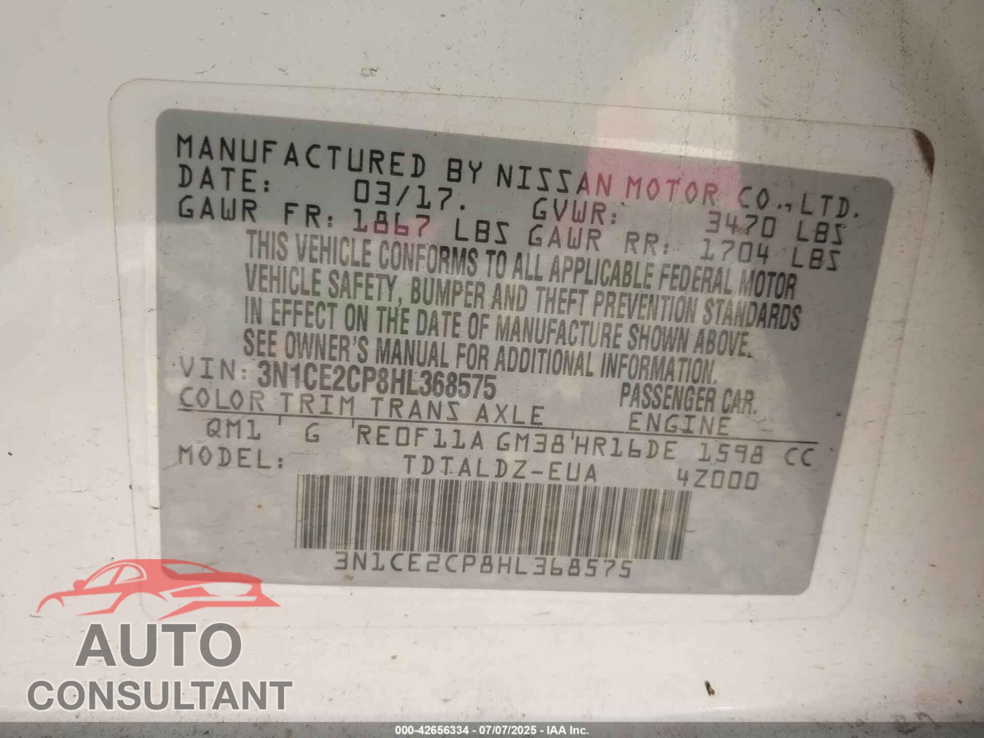 NISSAN VERSA NOTE 2017 - 3N1CE2CP8HL368575