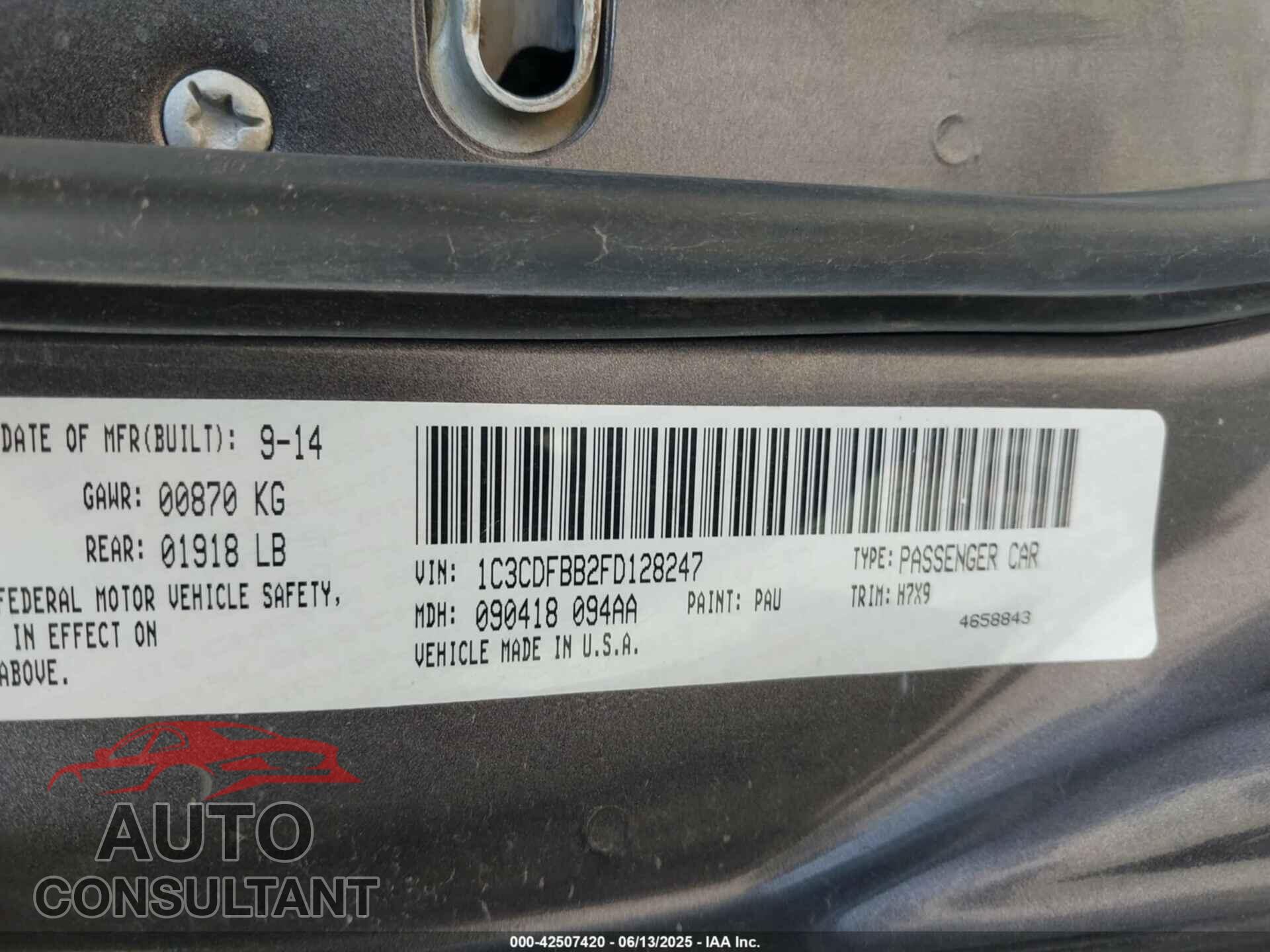 DODGE DART 2015 - 1C3CDFBB2FD128247