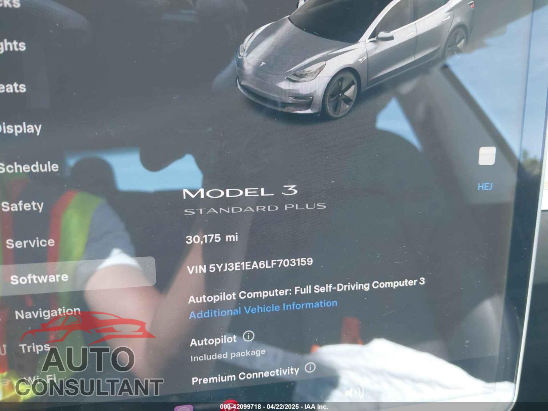 TESLA MODEL 3 2020 - 5YJ3E1EA6LF703159
