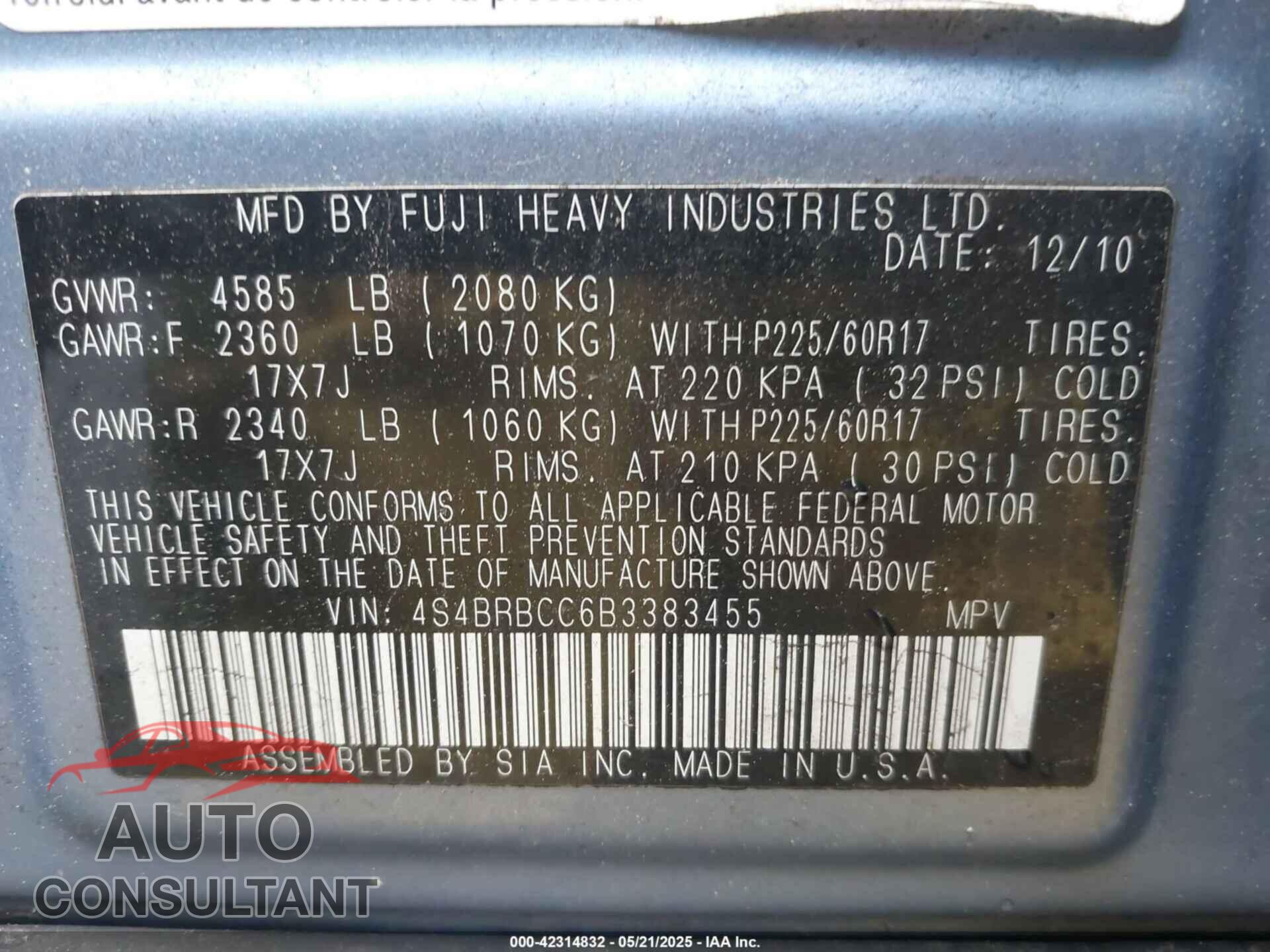 SUBARU OUTBACK 2011 - 4S4BRBCC6B3383455