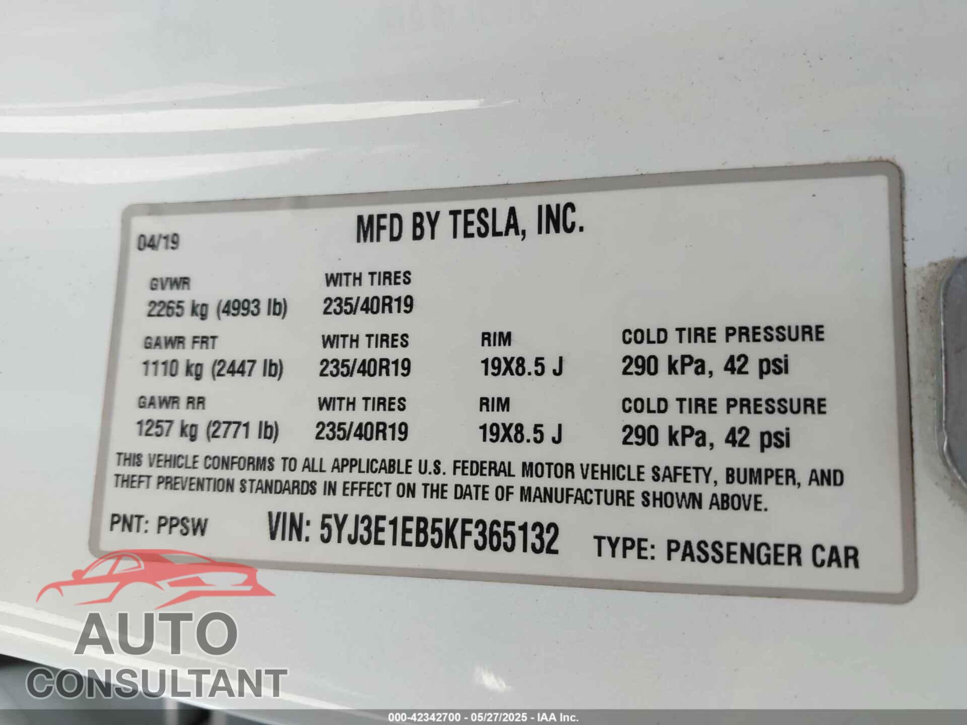 TESLA MODEL 3 2019 - 5YJ3E1EB5KF365132